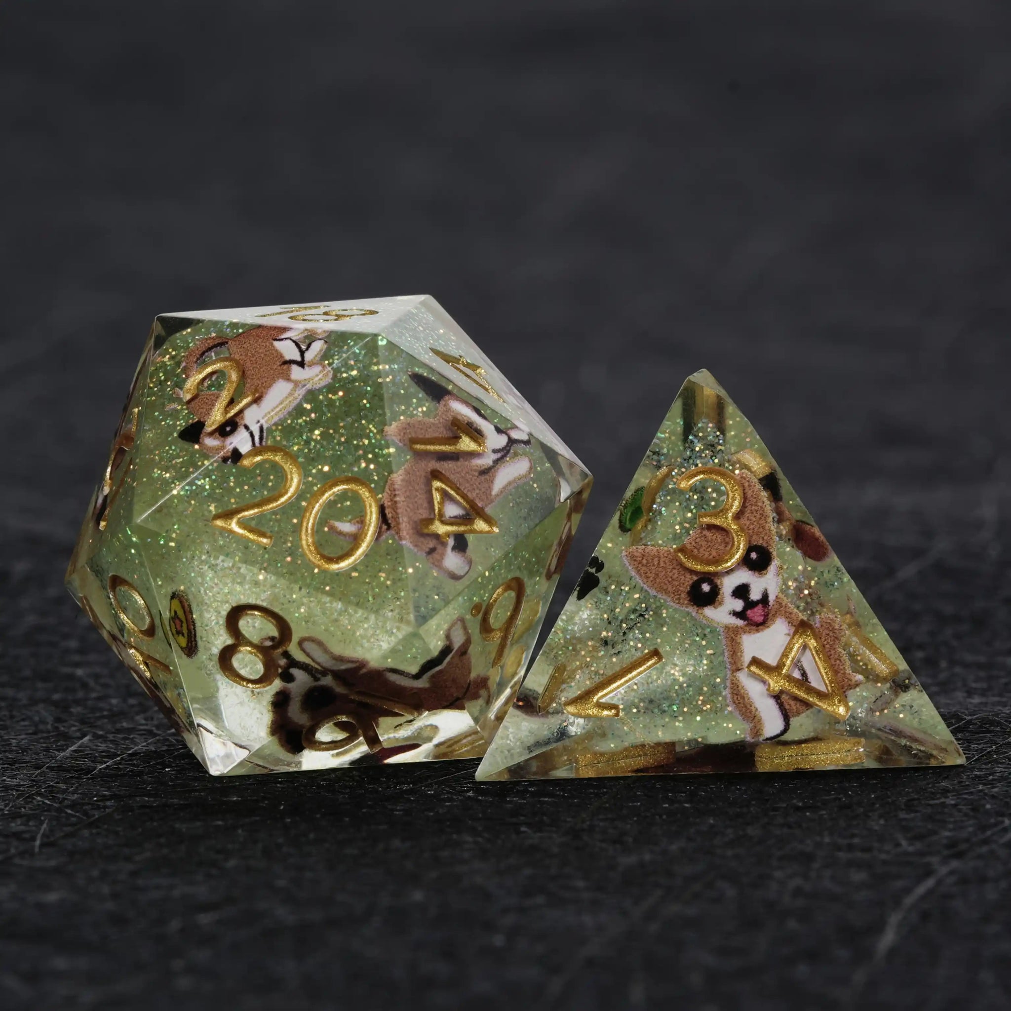Kickstarter Dice – Green Glitter Resin Chihuahua DND D20 and D4 Dice | Bear Dice