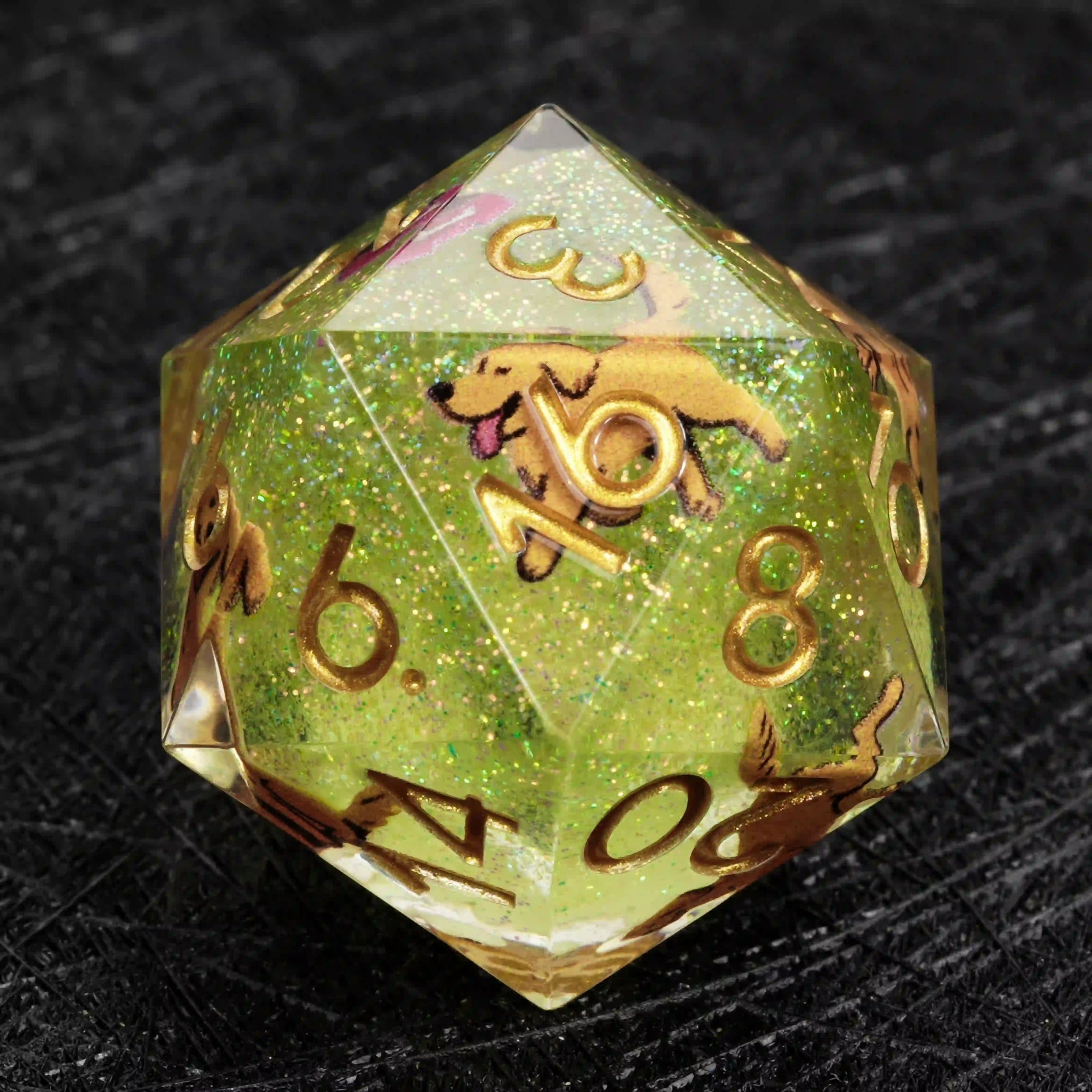 Kickstarter Dice – Green Glitter Resin Golden Retriever DND D20 Dice with Gold Numbers | Bear Dice