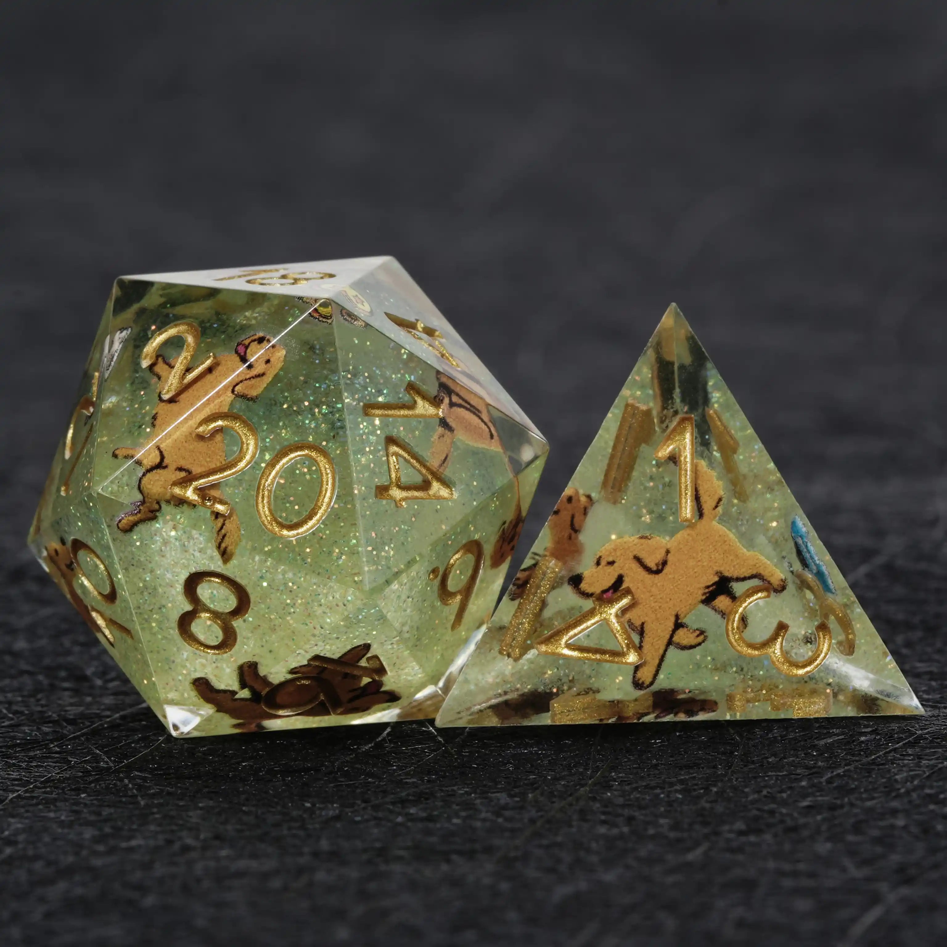 Kickstarter Dice – Green Glitter Resin Golden Retriever DND D20 and D4 Dice | Bear Dice