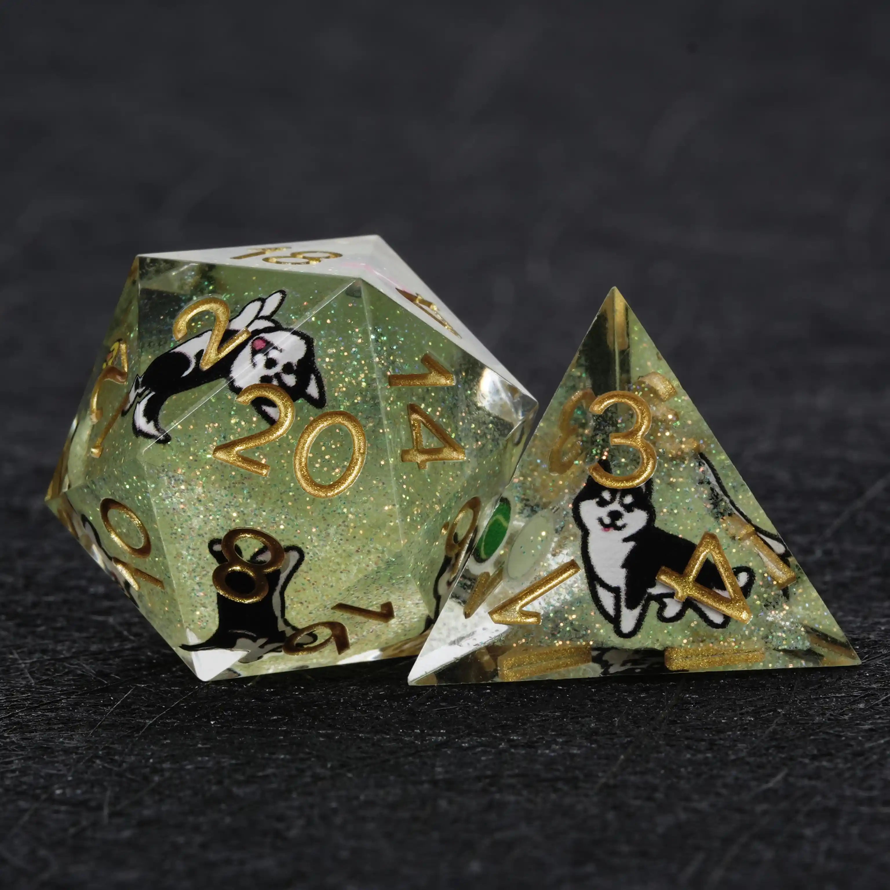 Kickstarter Dice – Green Glitter Resin Husky DND D20 and D4 Dice | Bear Dice