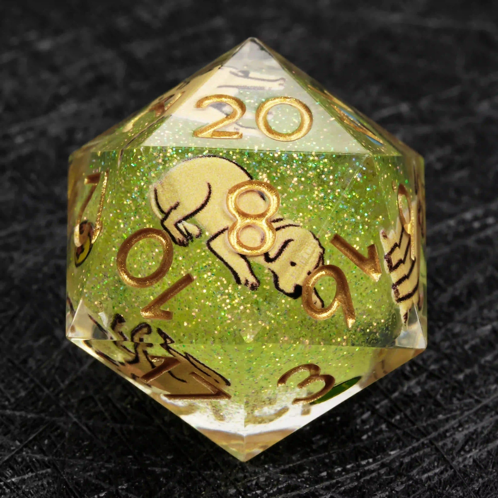 Kickstarter Dice – Green Glitter Resin Labrador DND D20 Dice with Gold Numbers | Bear Dice