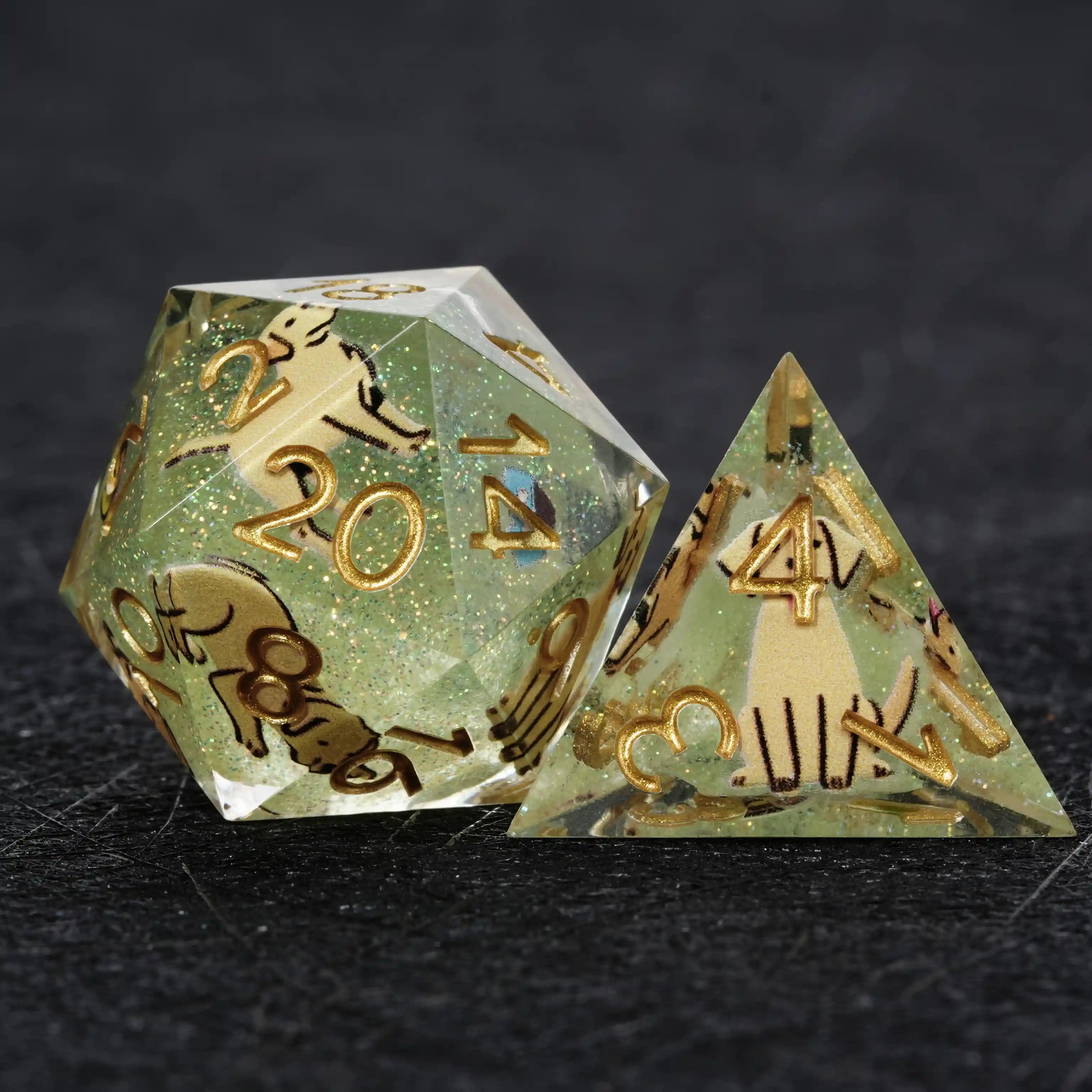 Kickstarter Dice – Green Glitter Resin Labrador DND D20 and D4 Dice | Bear Dice
