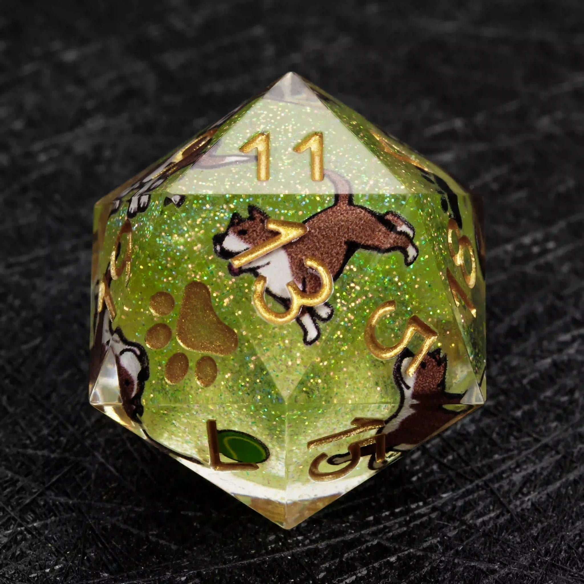 Kickstarter Dice – Green Glitter Resin Pit Bull DND D20 Dice with Gold Numbers | Bear Dice