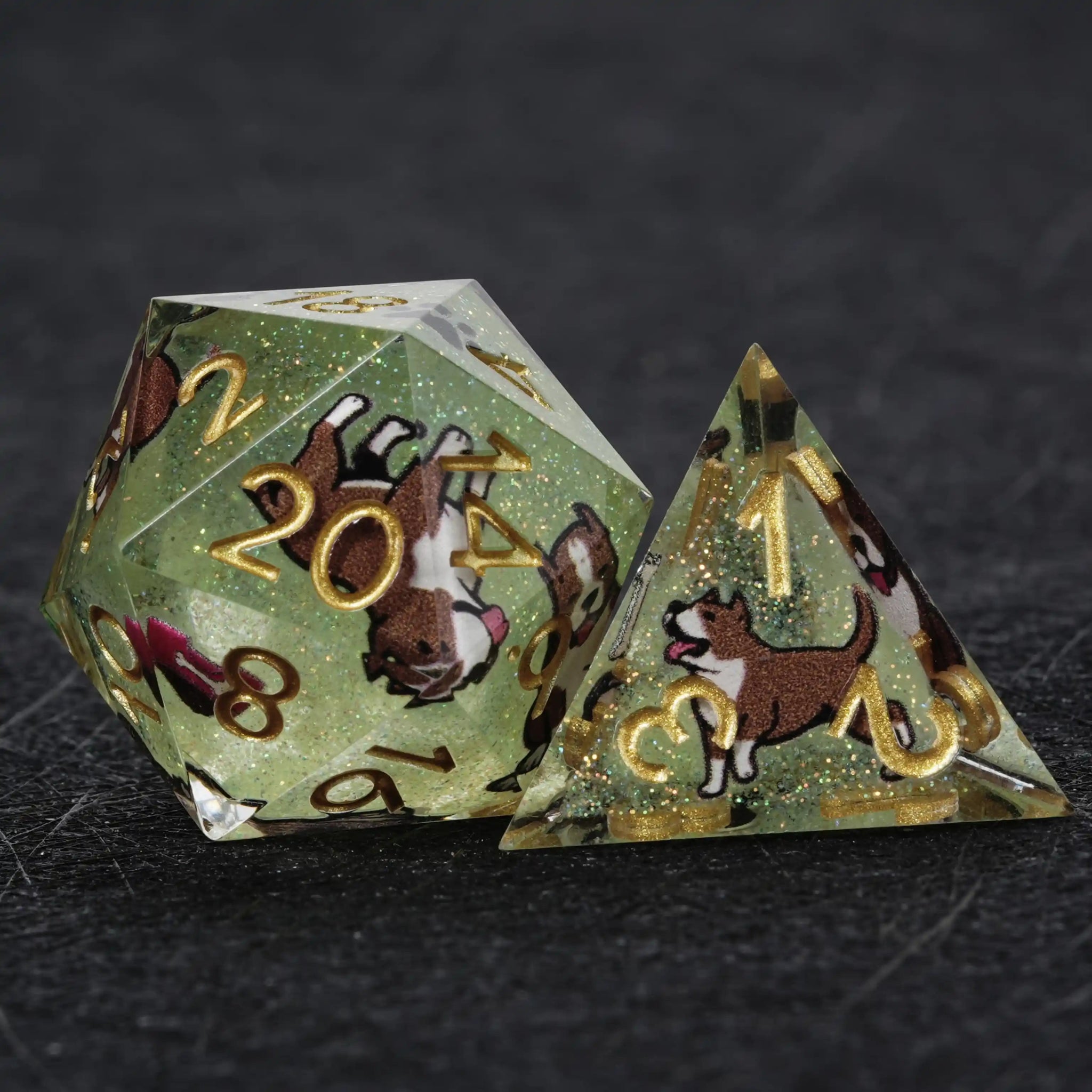 Kickstarter Dice – Green Glitter Resin Pit Bull DND D20 and D4 Dice | Bear Dice