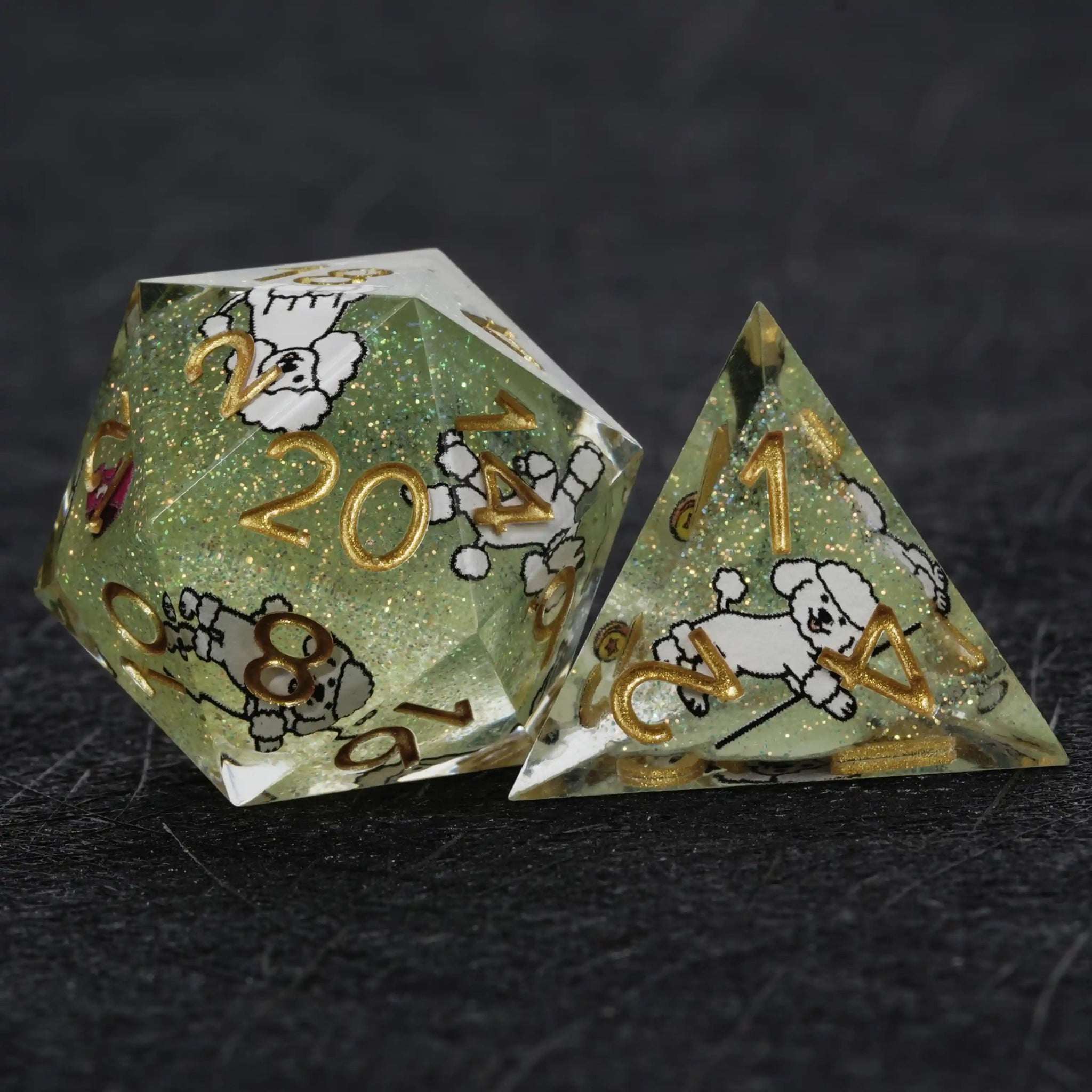Kickstarter Dice – Green Glitter Resin Poodle DND D20 and D4 Dice | Bear Dice