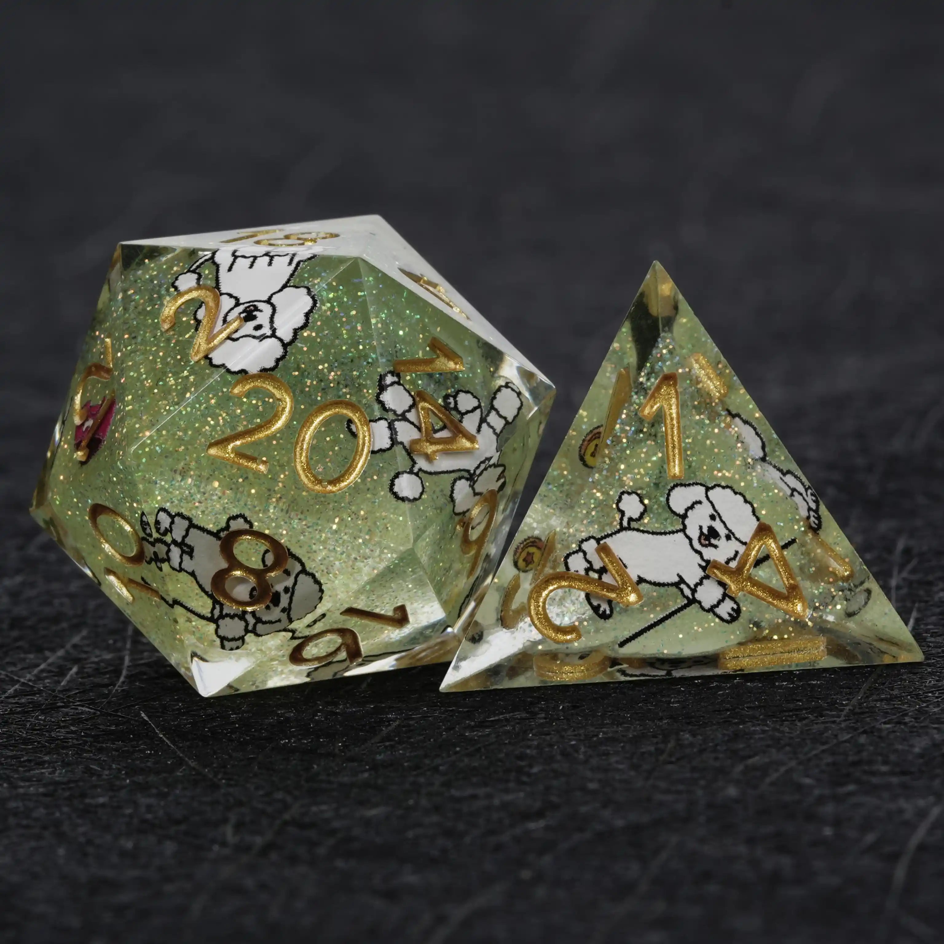 Kickstarter Dice – Green Glitter Resin Poodle DND D20 and D4 Dice | Bear Dice