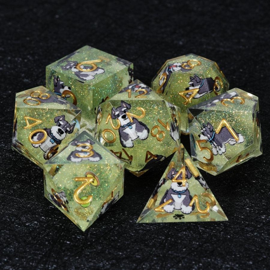 Kickstarter Dice – Handcrafted Green Glitter Resin Schnauzer DND Dice Set with Sharp Edges | Bear Dice