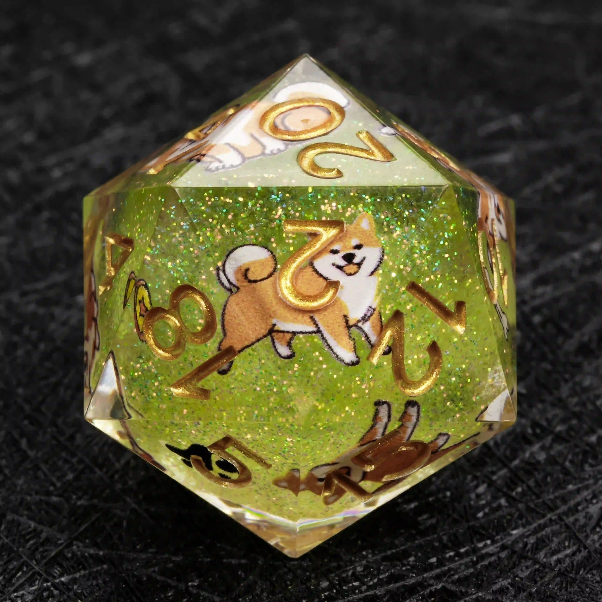 Kickstarter Dice – Green Glitter Resin Shiba Inu DND D20 Dice with Gold Numbers | Bear Dice
