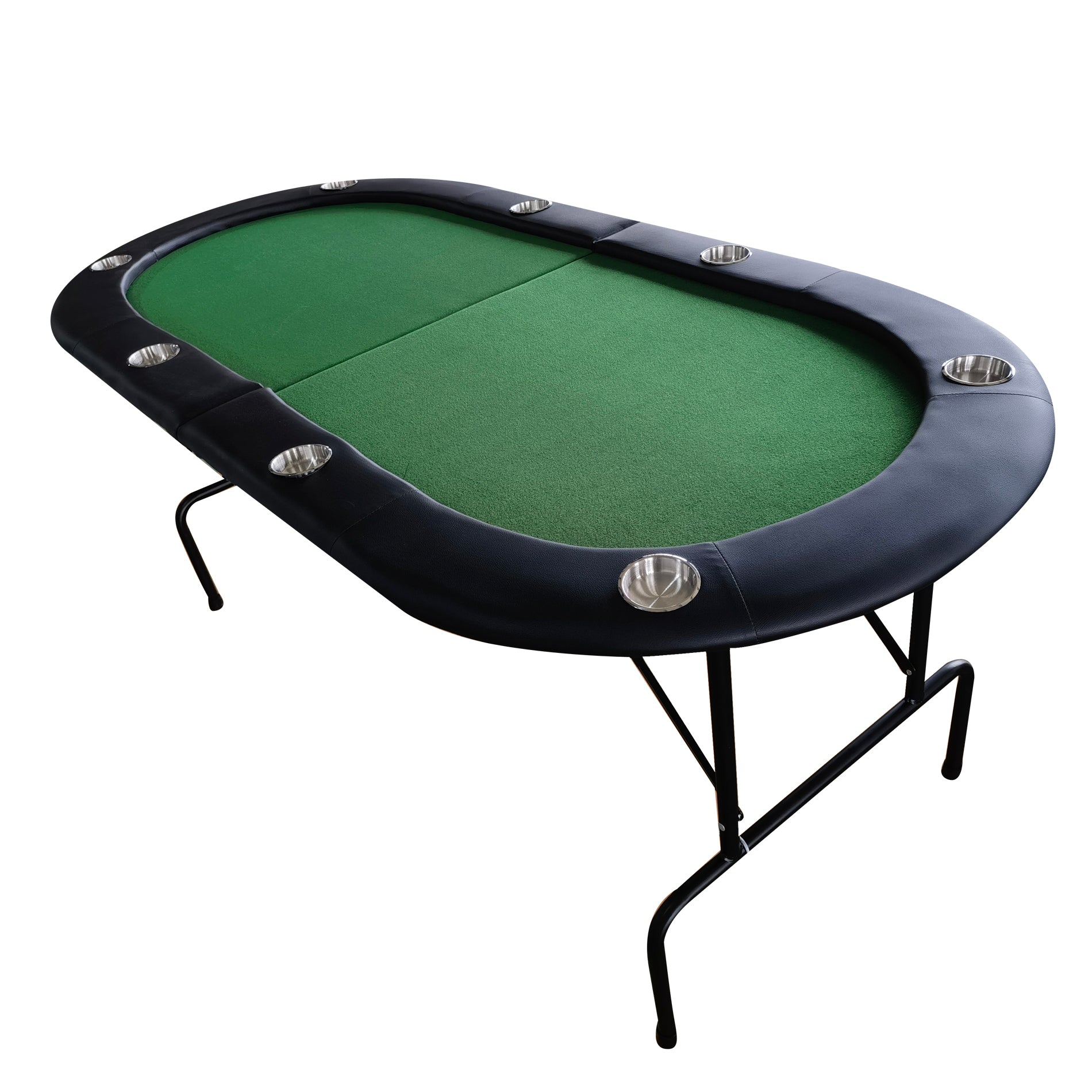Green Oval Foldable Poker Table with 8 Stainless Steel Cup Holders, Black Rim, and Black Metal Legs | Bear Dice