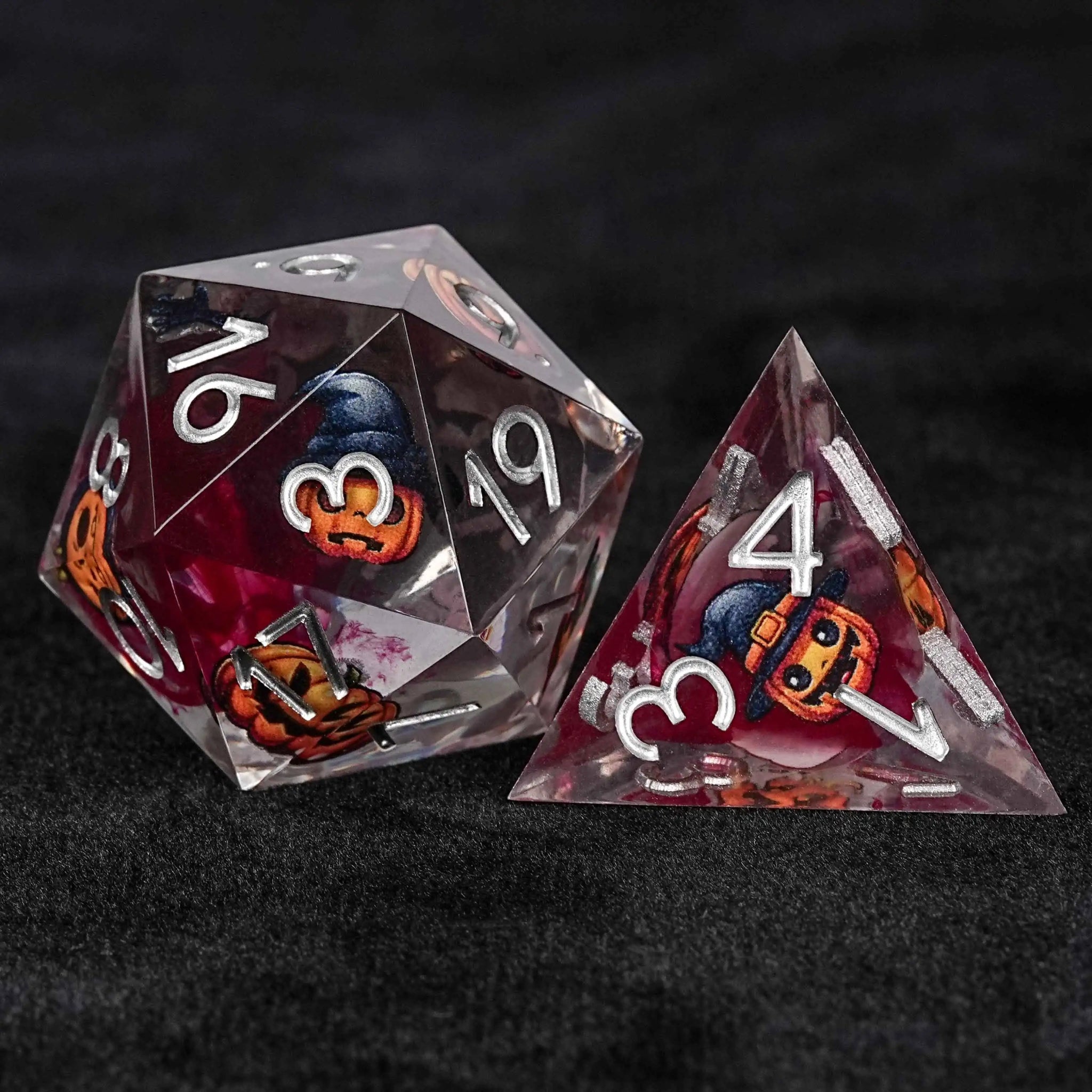 Halloween Gift: Transparent Blood Red Resin Pumpkin Monster DND D20 Dice and D4 Dice with Silver Numbers | Bear Dice
