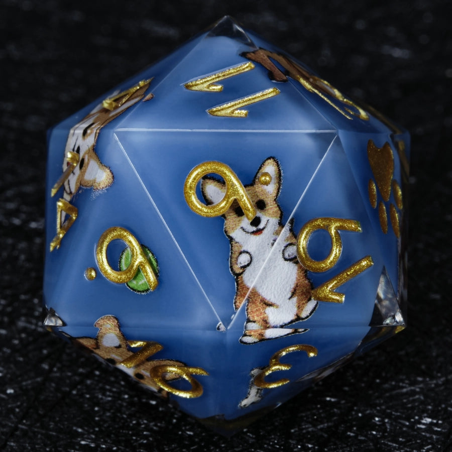 Kickstarter Dice – Handcrafted Sharp-Edged Blue Resin Corgi DND D20 Dice ，Gold Paw Prints Engraved on the Dice | Bear Dice
