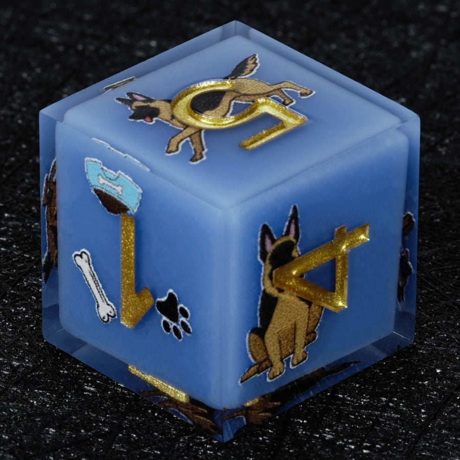 Kickstarter Dice – Handcrafted Sharp-Edged Blue Resin German Shepherd DND D6 Dice | Bear Dice