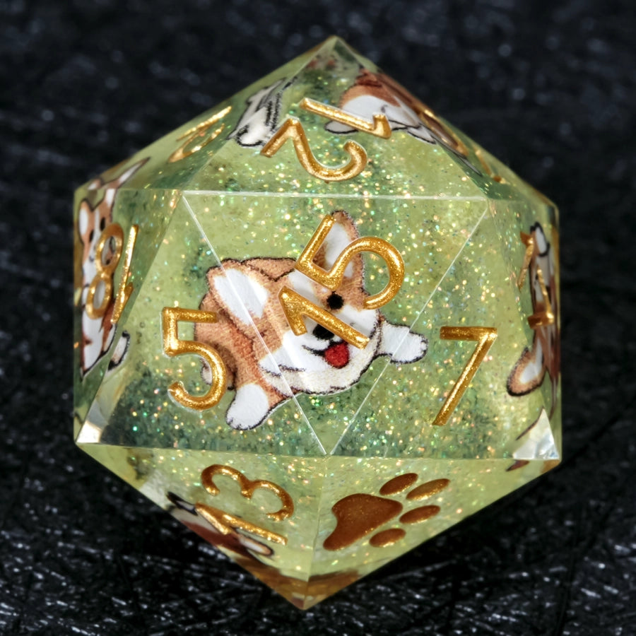 Kickstarter Dice – Handcrafted Sharp-Edged Green Glitter Resin Corgi DND D20 Dice with Gold Paw Prints Engraved on the "1" Face | Bear Dice