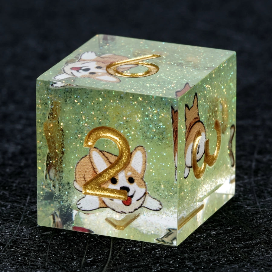 Kickstarter Dice – Handcrafted Sharp-Edged Green Glitter Resin Corgi DND D6 Dice with Gold Numbers | Bear Dice