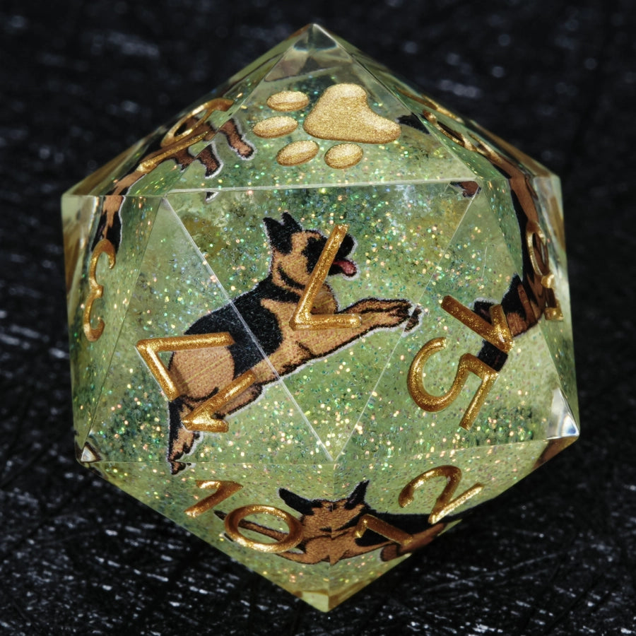 Kickstarter Dice – Handcrafted Sharp-Edged Green Glitter Resin German Shepherd DND D20 Dice with Gold Paw Prints on the "1" Face | Bear Dice
