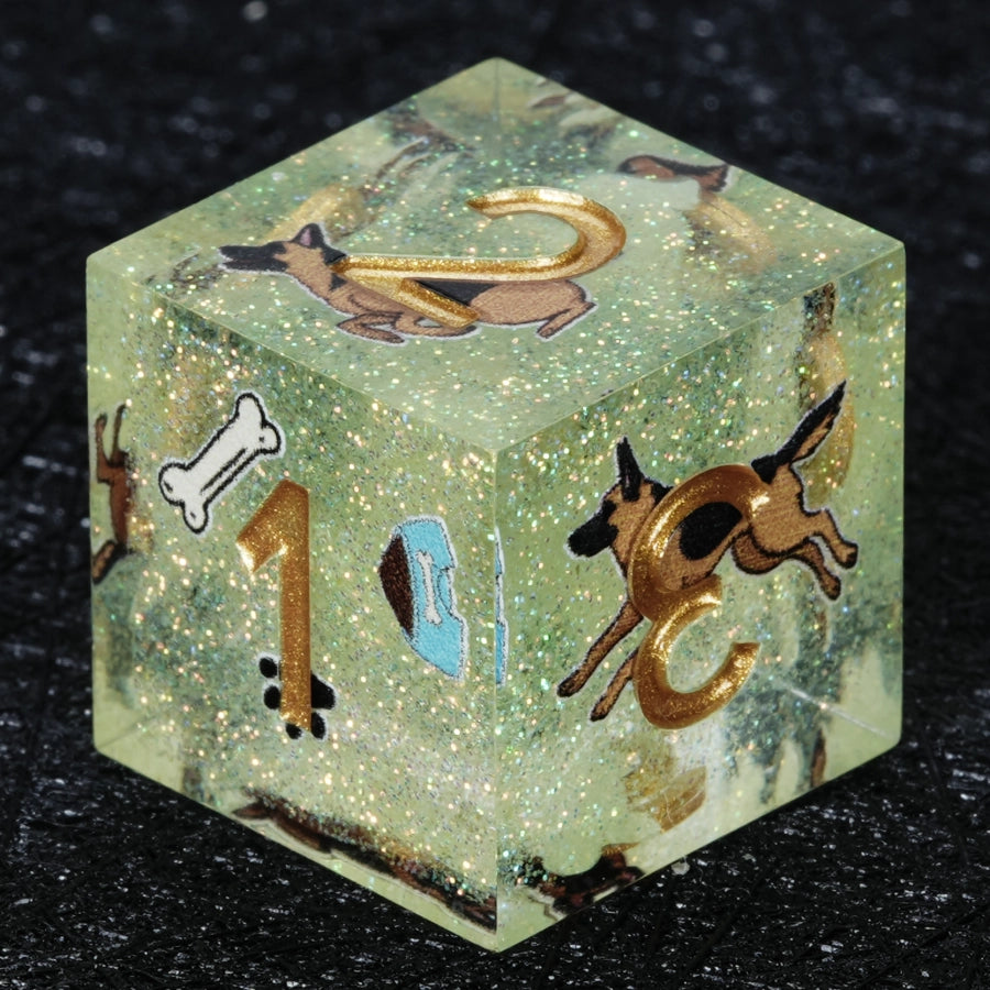 Kickstarter Dice – Handcrafted Sharp-Edged Green Glitter Resin German Shepherd DND D6 Dice with Gold Numbers | Bear Dice