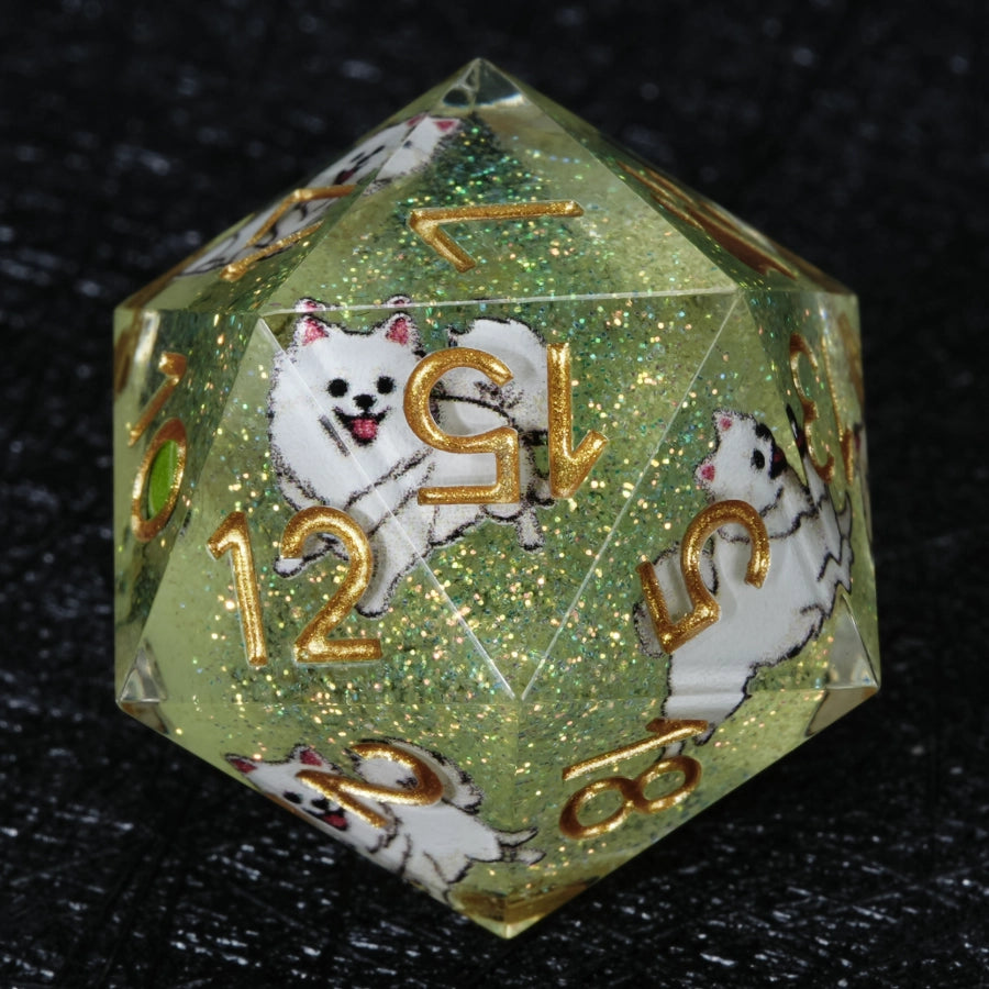 Kickstarter Dice – Handcrafted Sharp-Edged Green Glitter Resin Pomeranian DND D20 Dice with Gold Paw Prints on 
the "1" Face | Bear Dice