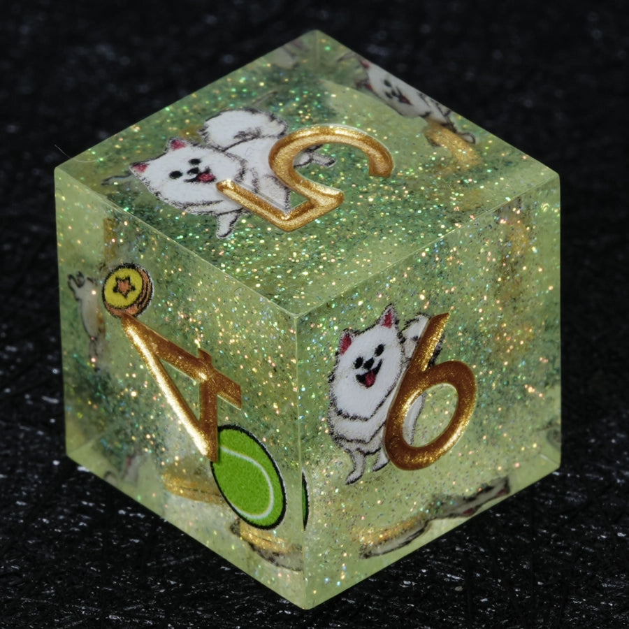 Kickstarter Dice – Handcrafted Sharp-Edged Green Glitter Resin Pomeranian DND D6 Dice with Gold Numbers | Bear Dice