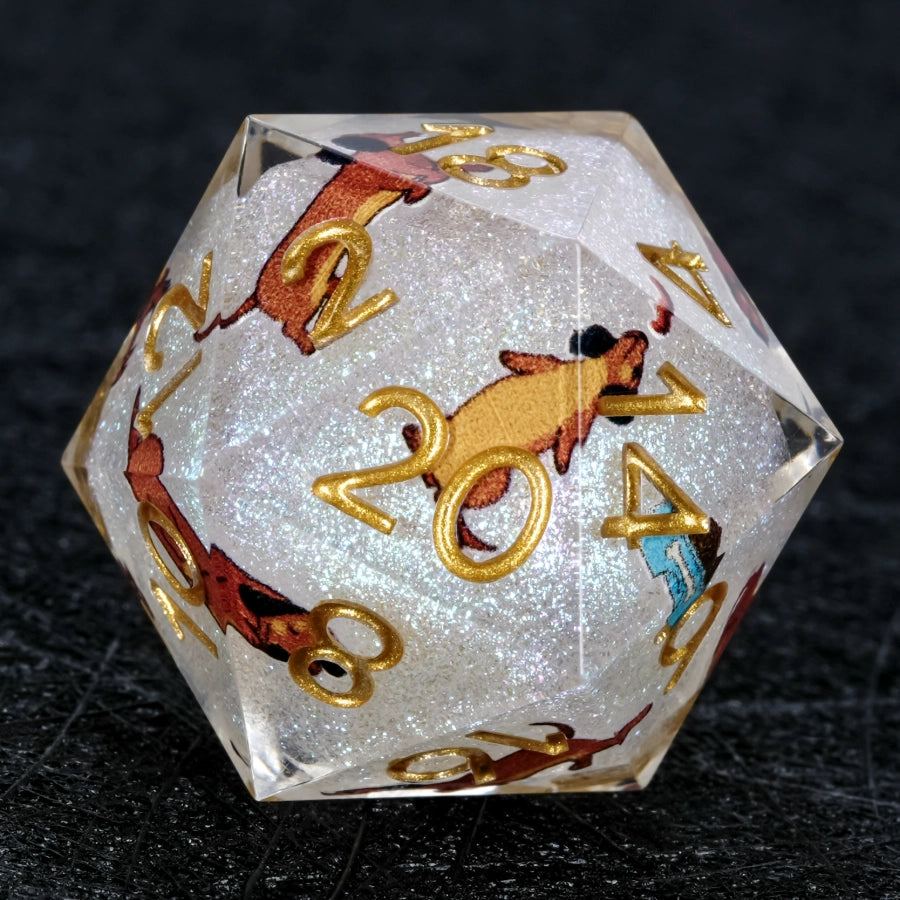 Kickstarter Dice – Handcrafted Sharp-Edged White Glitter Resin Dachshund DND D20 Dice with Gold Paw Prints on the "1" Face | Bear Dice