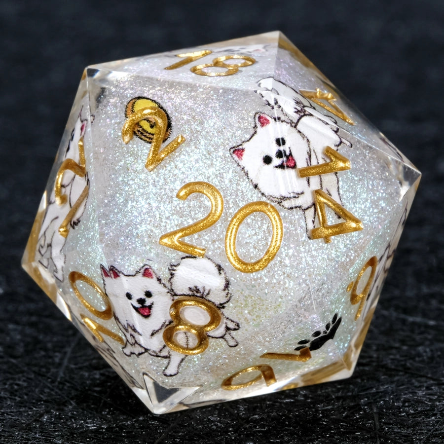 Kickstarter Dice – Handcrafted Sharp-Edged White Glitter Resin Pomeranian DND D20 Dice with Gold Claw Pattern Engraved on the "1" Face | Bear Dice