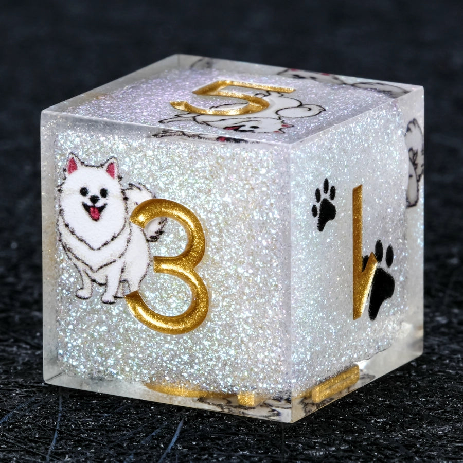 Kickstarter Dice – Handcrafted Sharp-Edged White Glitter Resin Pomeranian DND D6 Dice with Gold Numbers | Bear Dice