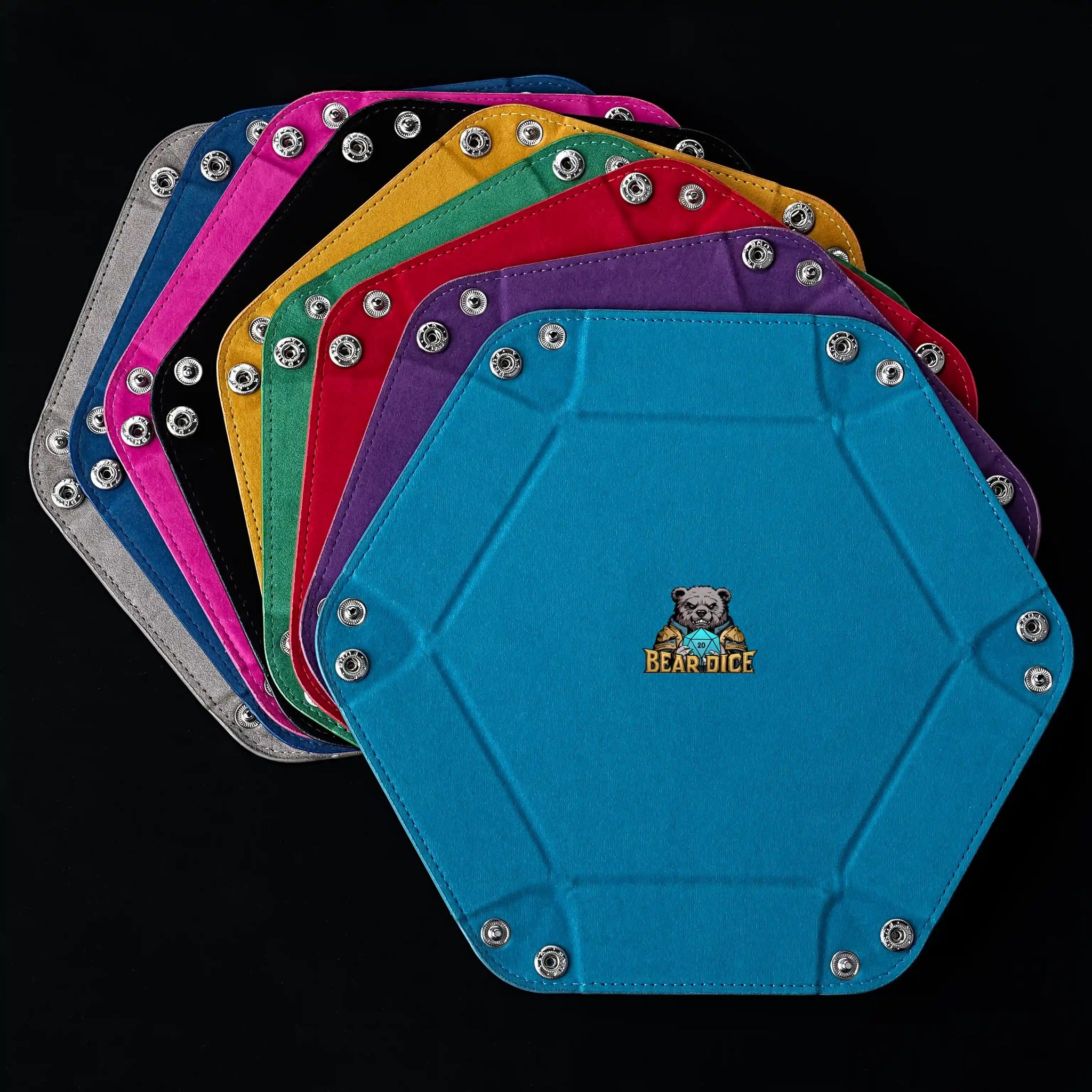 Hexagonal PU leather RPG dice tray with silver buttons, available in nine colors. The Bear Dice logo is printed in the center of the dice tray. | Bear Dice