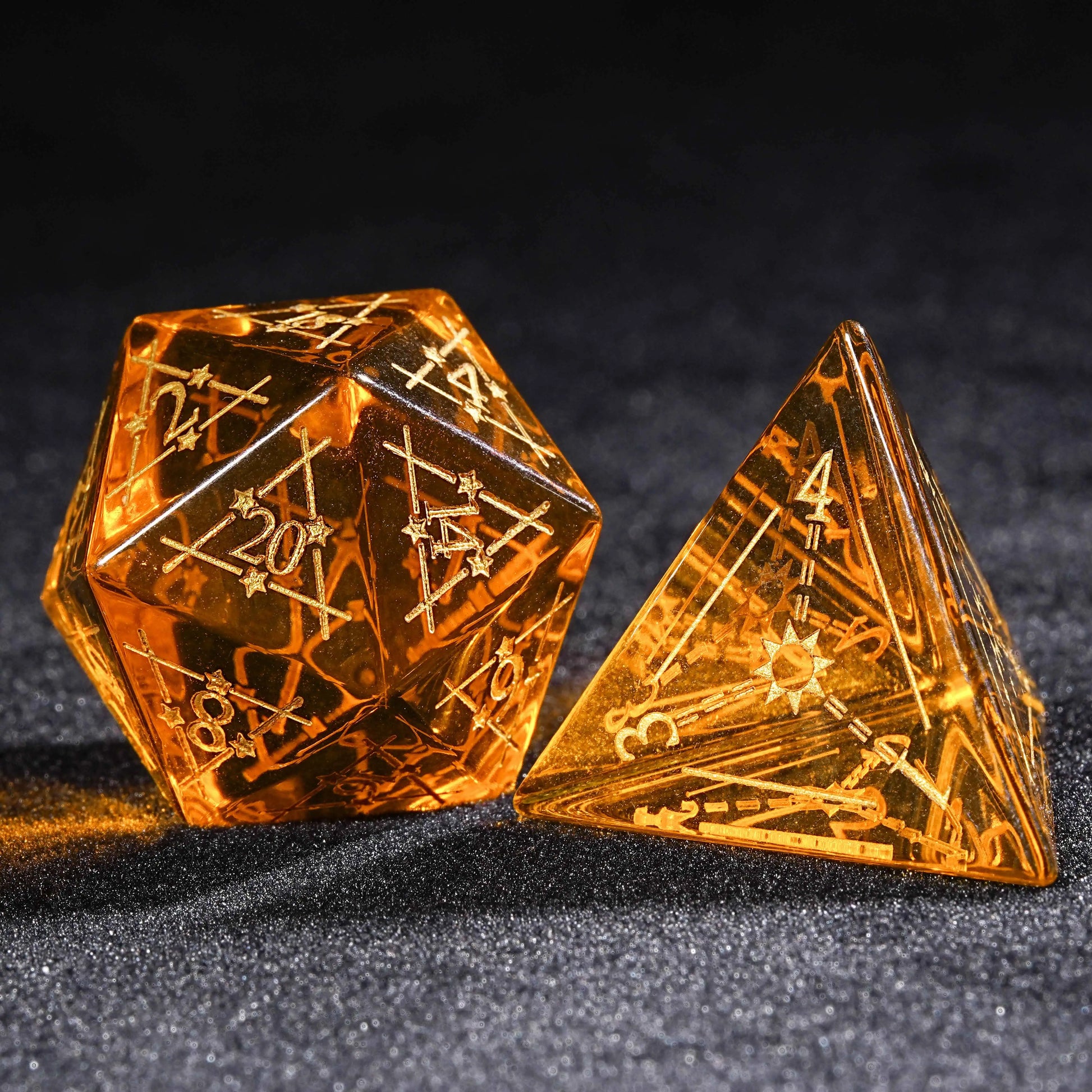 Orange glass astrology pattern D&D D 20 dice+ D4 dice | Bear Dice