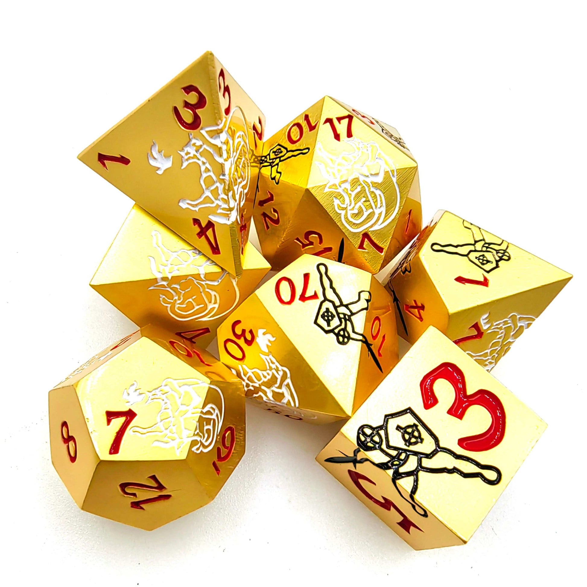 Cool Polyhedral Dragon Dice Gold Metal dnd dice set + Red font | Bear Dice