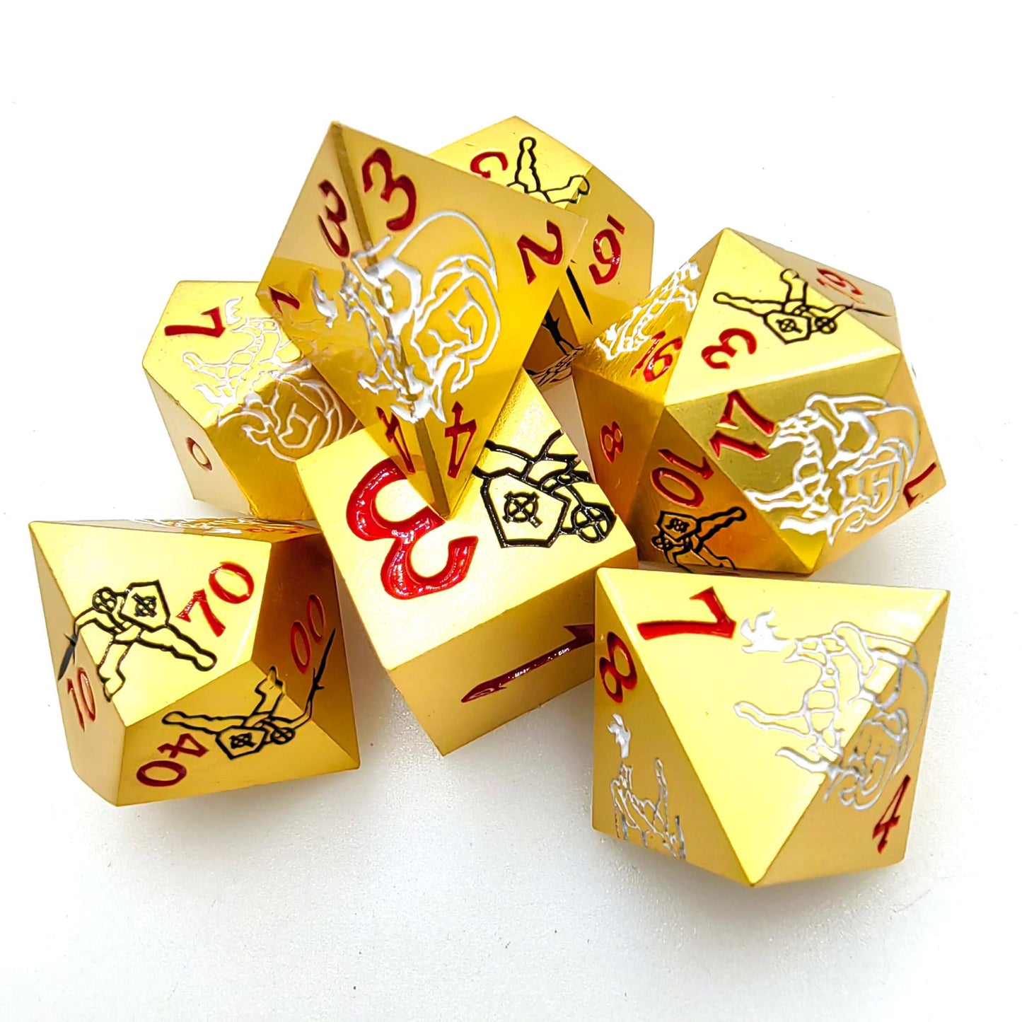 Cool Polyhedral Dragon Dice Gold Metal dnd dice set + Red font