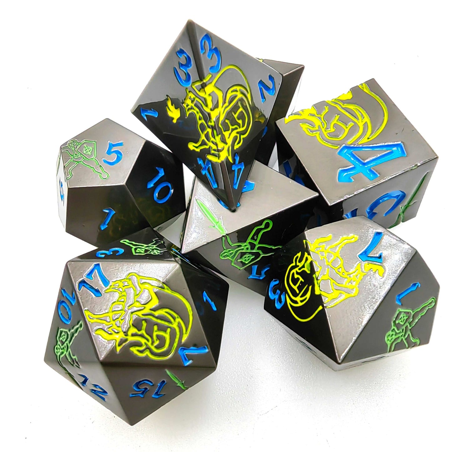 Black Dragon Warrior Metal dnd Dice set + Blue font | Bear Dice
