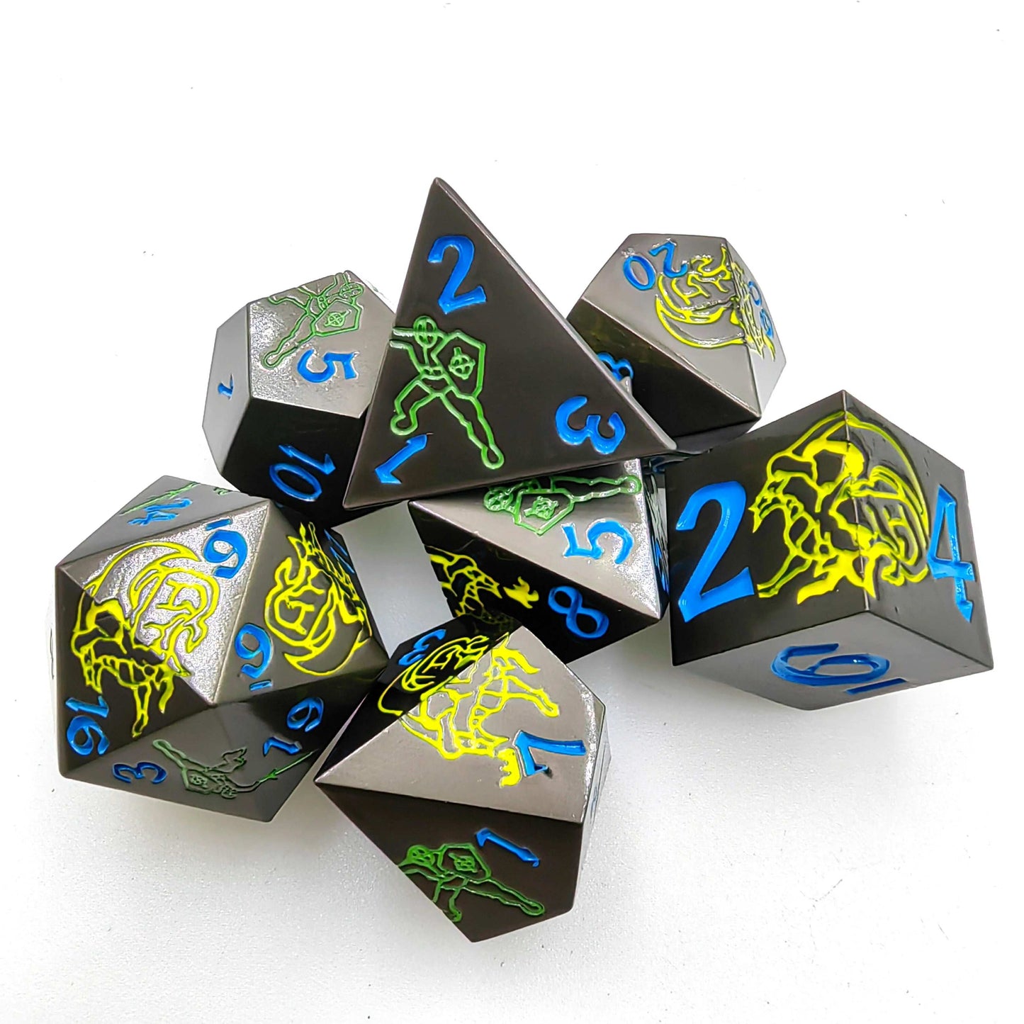 Black Dragon Warrior Metal dnd Dice set + Blue font | Bear Dice
