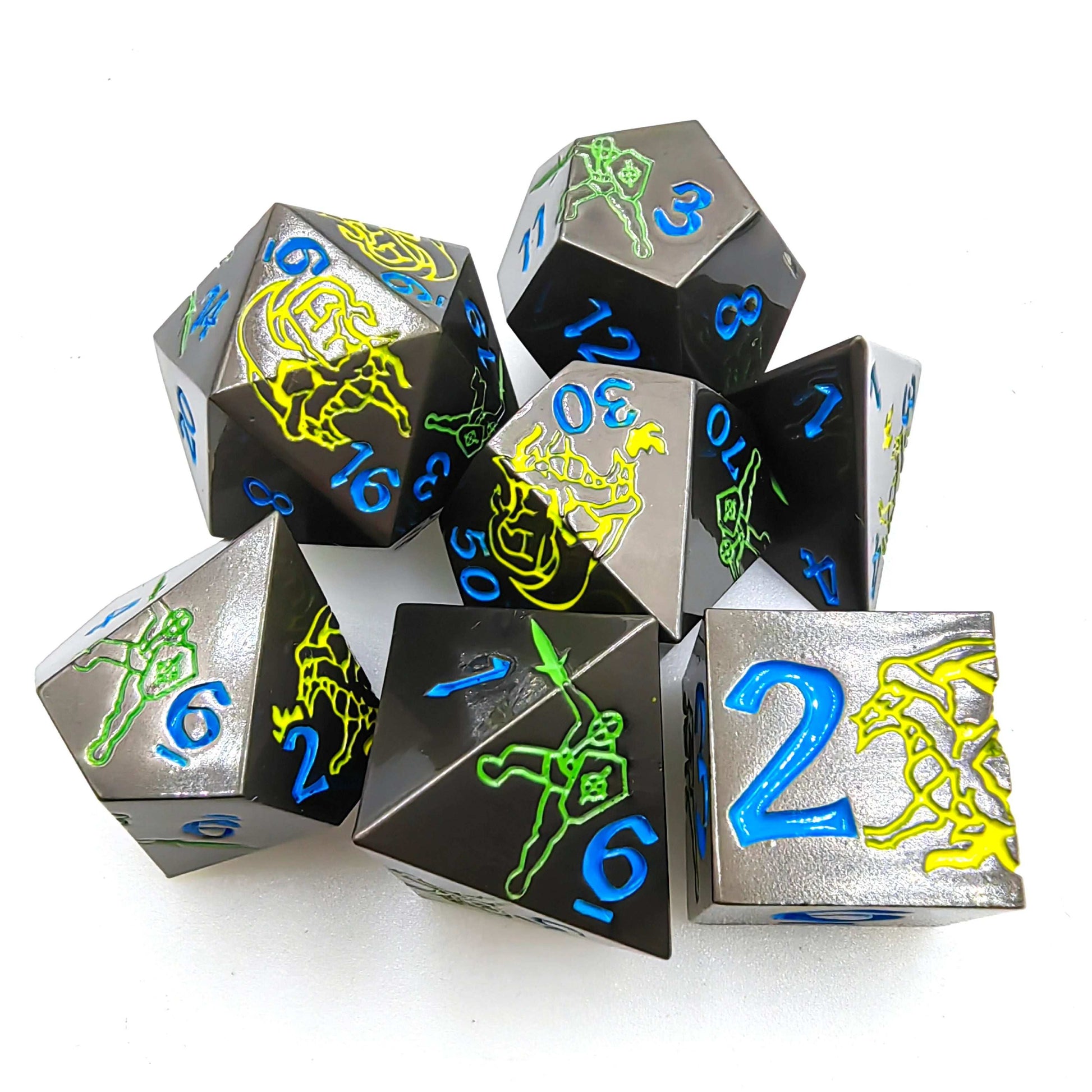 Black Dragon Warrior Metal dnd Dice set + Blue font | Bear Dice
