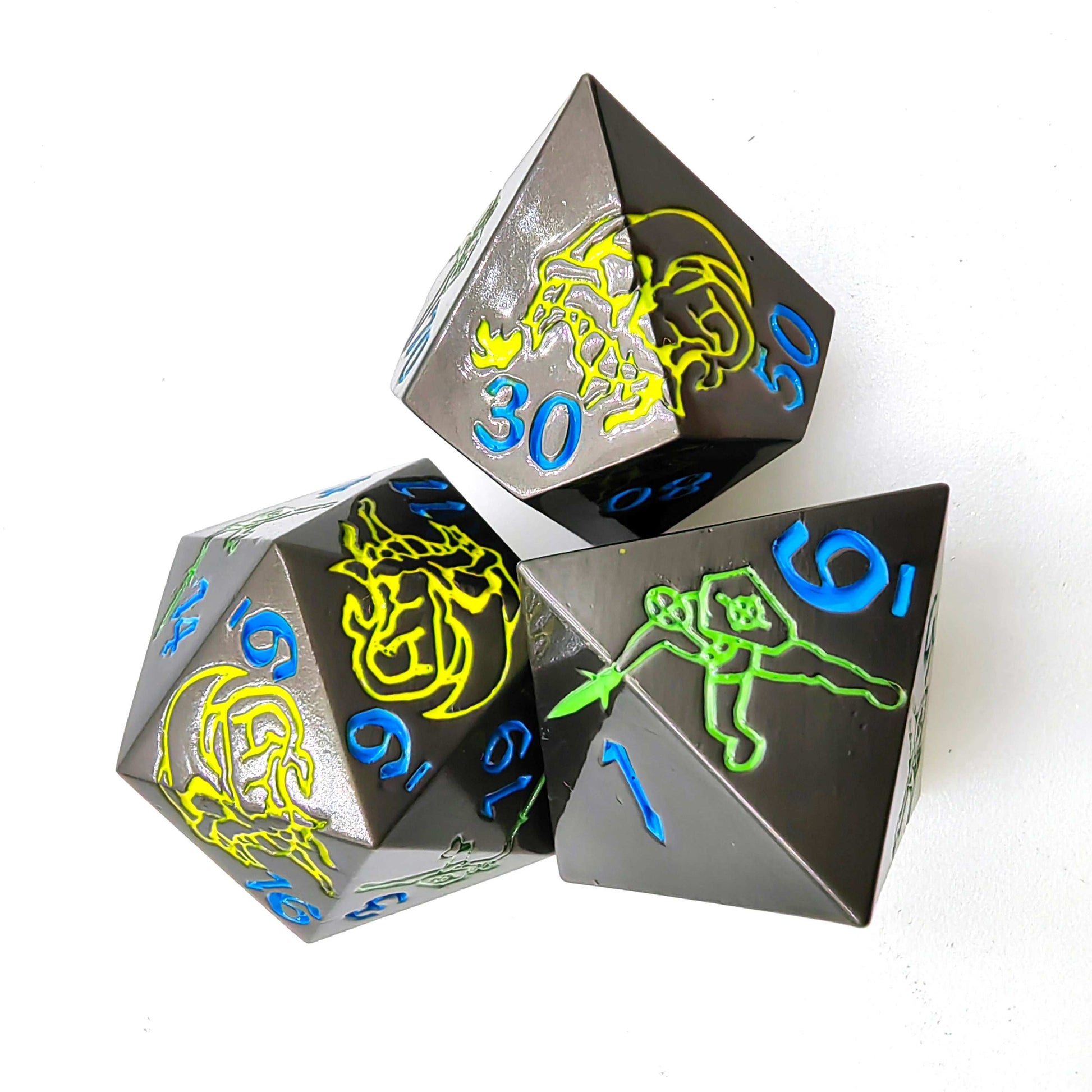 Black Dragon Warrior Metal dnd Dice set + Blue font - D4 dice、D6 dice、D20 dice | Bear Dice
