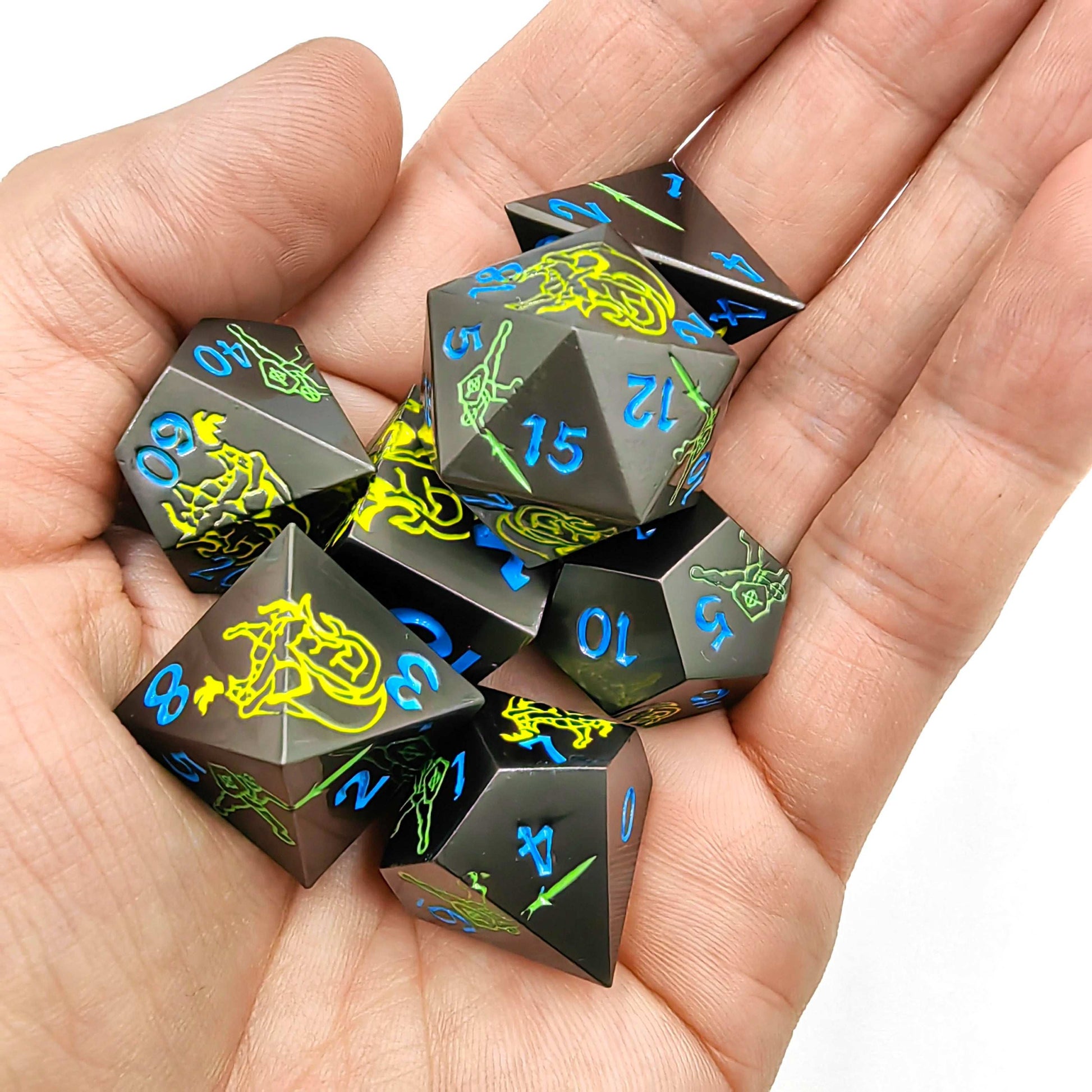 Black Dragon Warrior Metal dnd Dice set + Blue font | Bear Dice