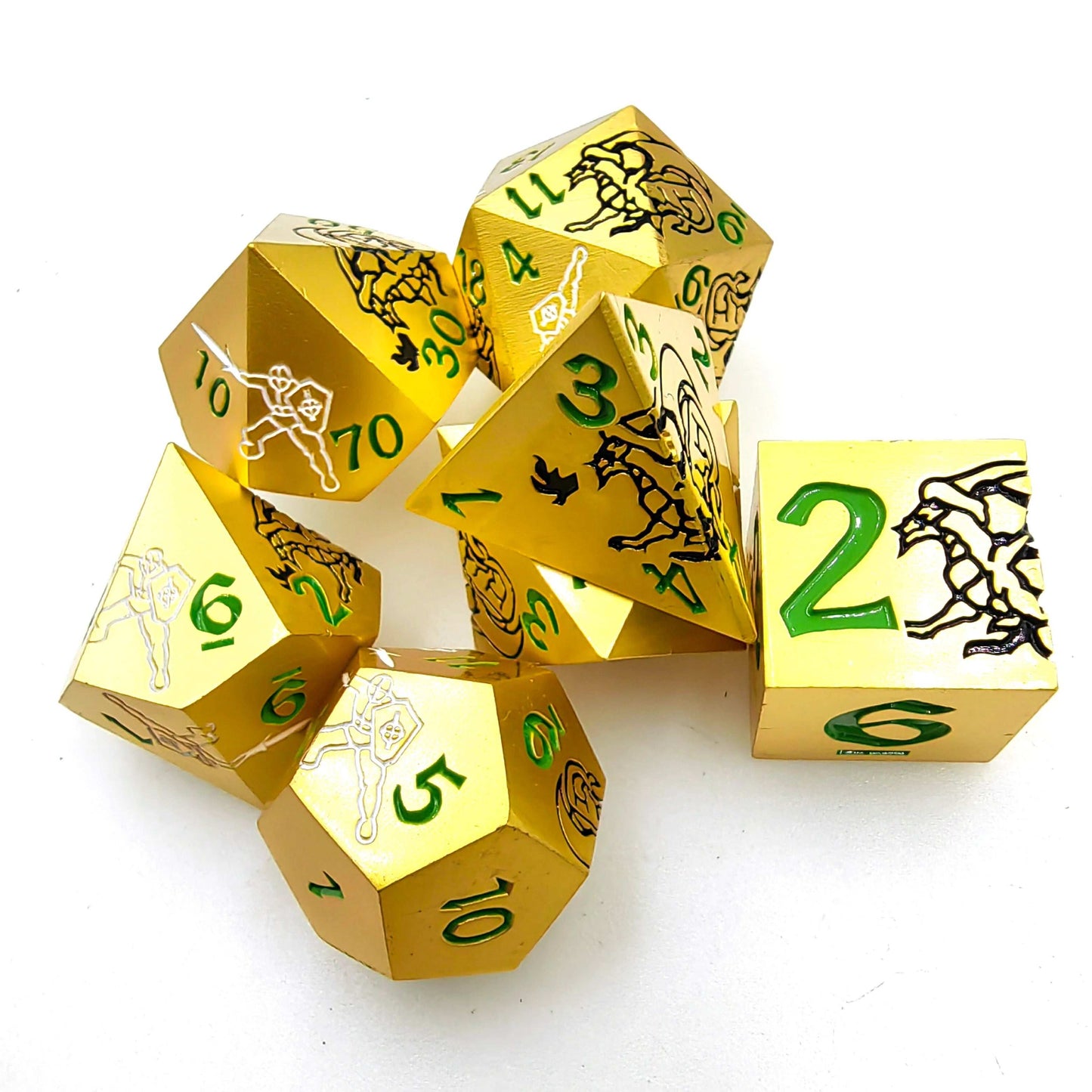 Cool Dragon & Warrior Metal dnd Dice Set + gold green font | Bear Dice