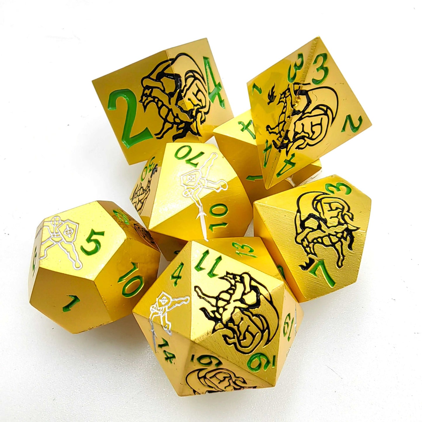 Cool Dragon & Warrior Metal dnd Dice Set + gold green font | Bear Dice