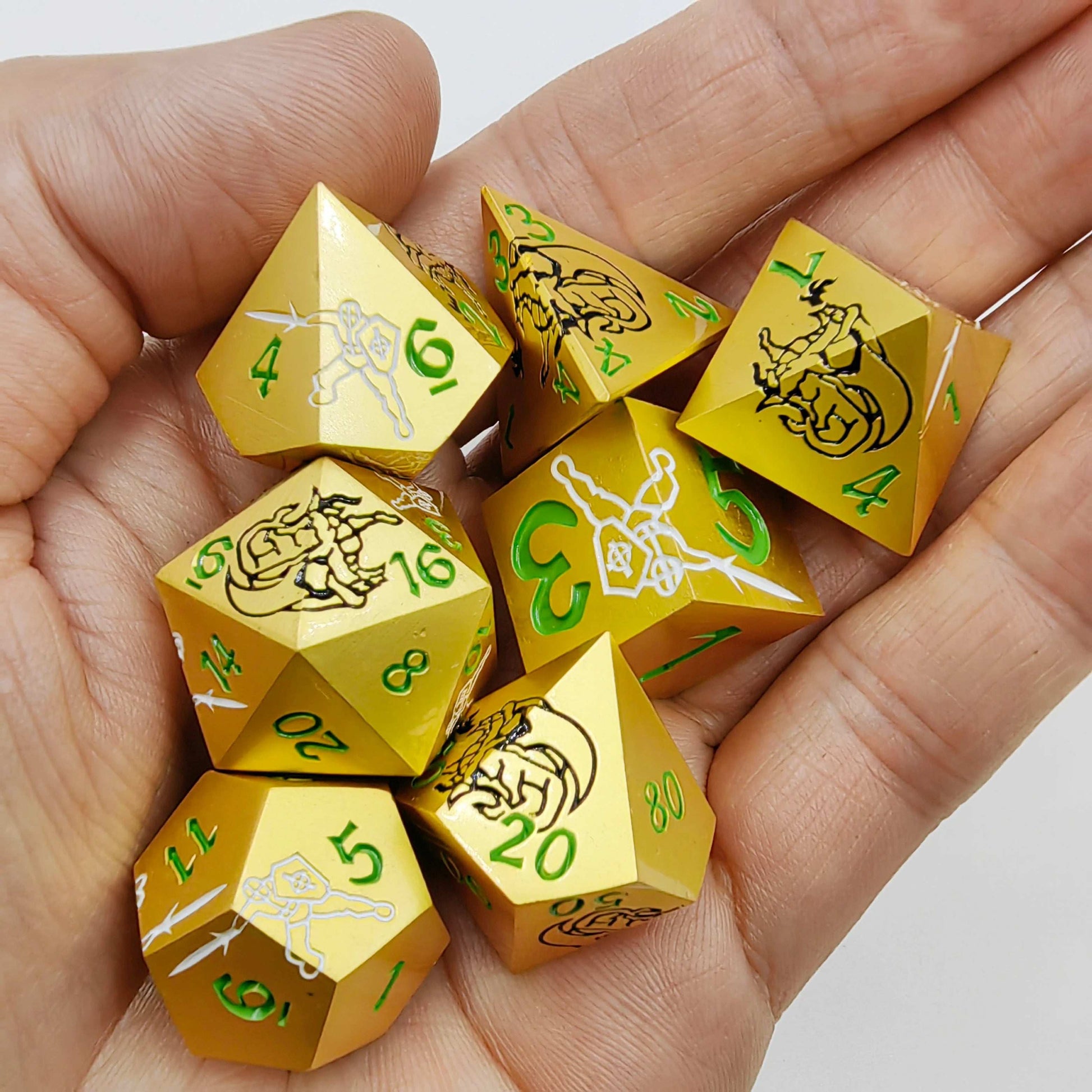 Cool Dragon & Warrior Metal dnd Dice Set + gold green font | Bear Dice