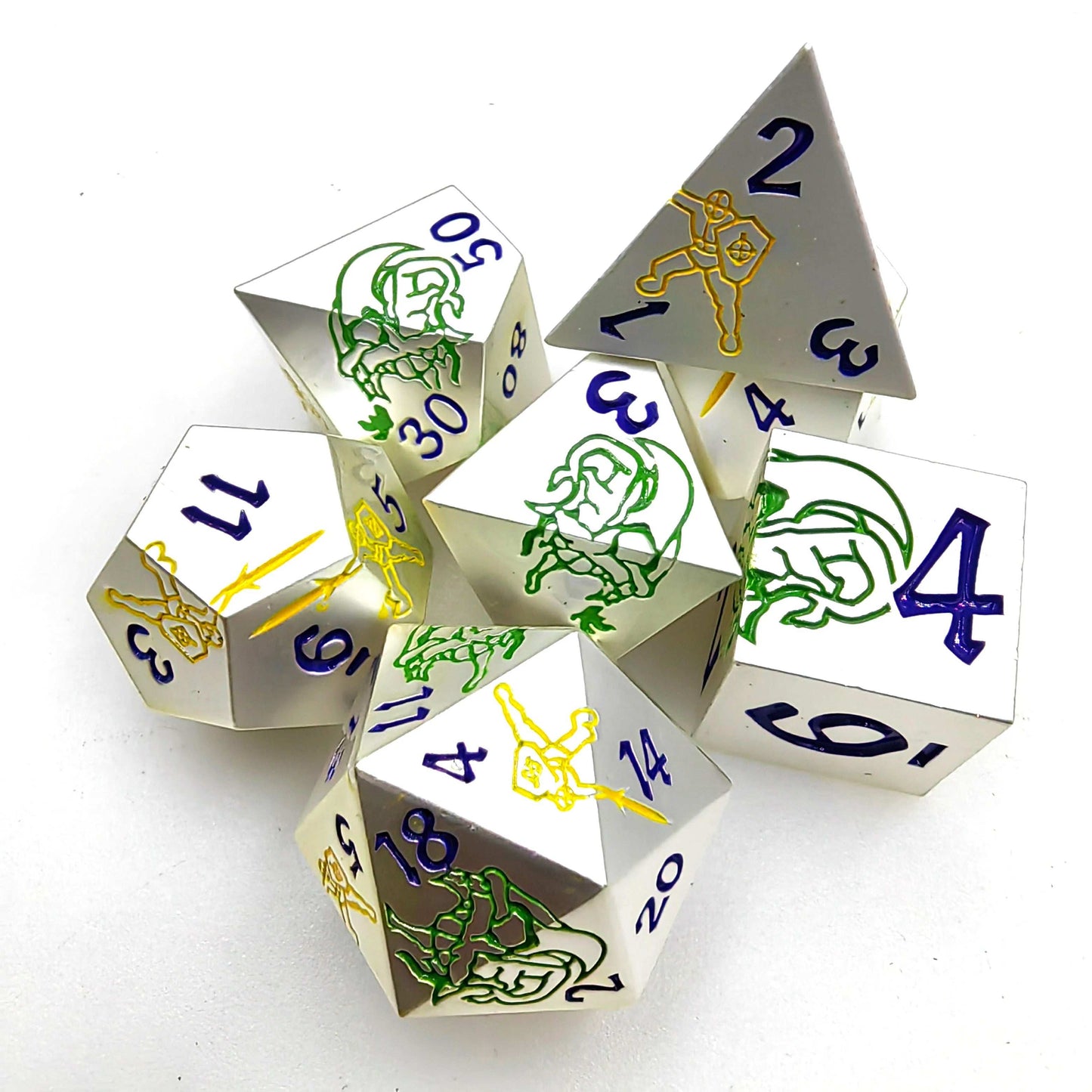 Yellow Warrior & Dragon Metal Dice Set + Blue font dnd dice | Bear Dice