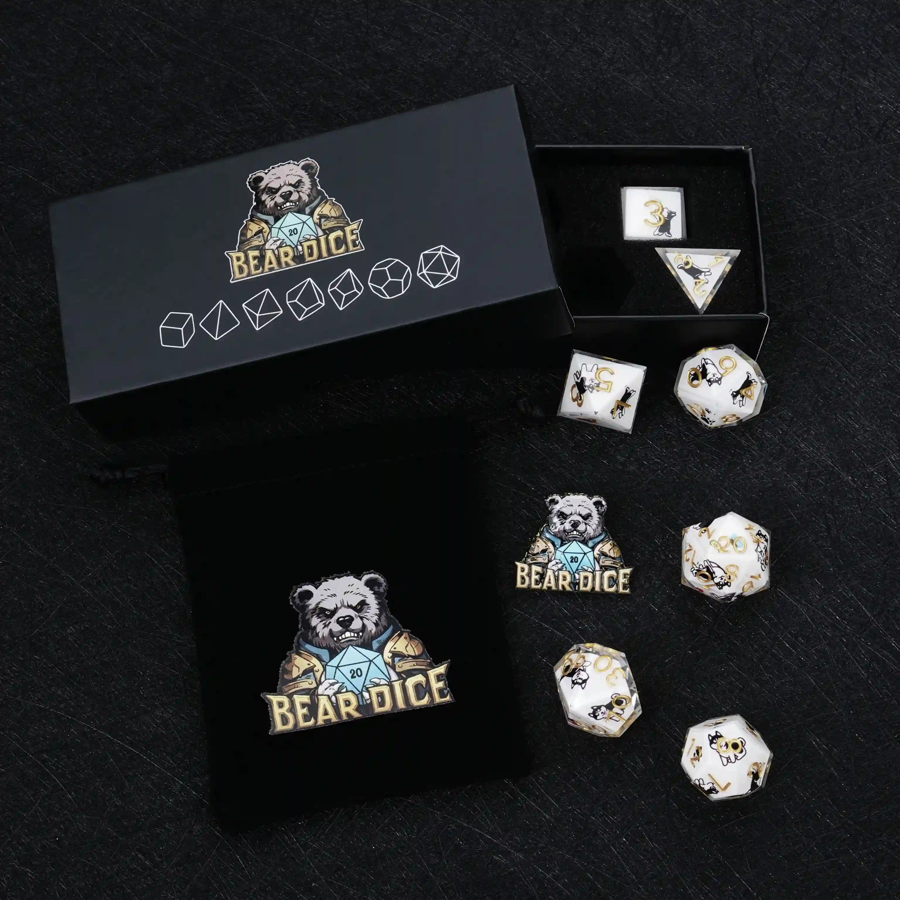 Kickstarter Dice – Sharp-Edged Husky DND Dice Set with a Black Sponge-Lined Dice Box and a Black Velvet Dice Drawstring Bag | Bear Dice
