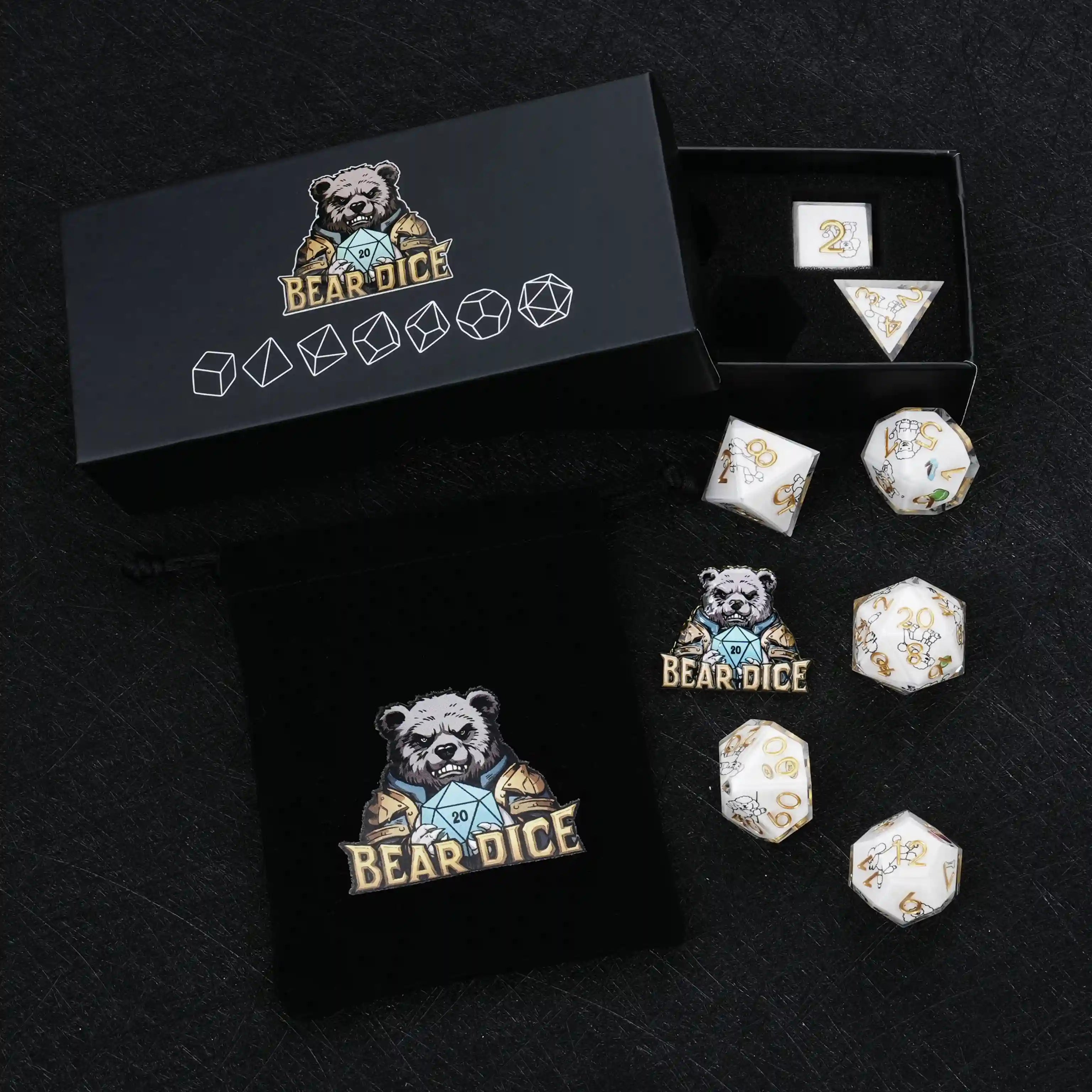 Kickstarter Dice – Sharp-Edged Poodle DND Dice Set with a Black Sponge-Lined Dice Case and a Black Velvet Dice Drawstring Bag | Bear Dice
