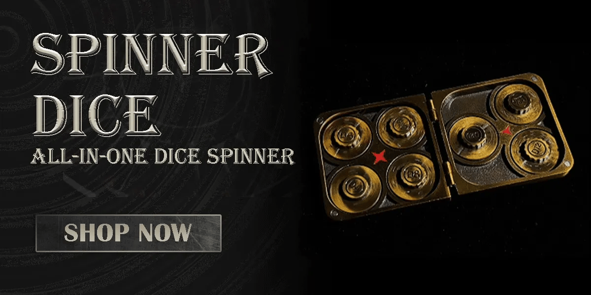 A multifunctional dice spinner and tray featuring a set of metal polyhedral dice (including D4, D6, D8, D10, D12, and D20), housed within a hinged, rotating metal case. Presented alongside a dark, fantasy-themed banner and a "Buy Now" button, this product is crafted specifically for TTRPG players. | Bear Dice