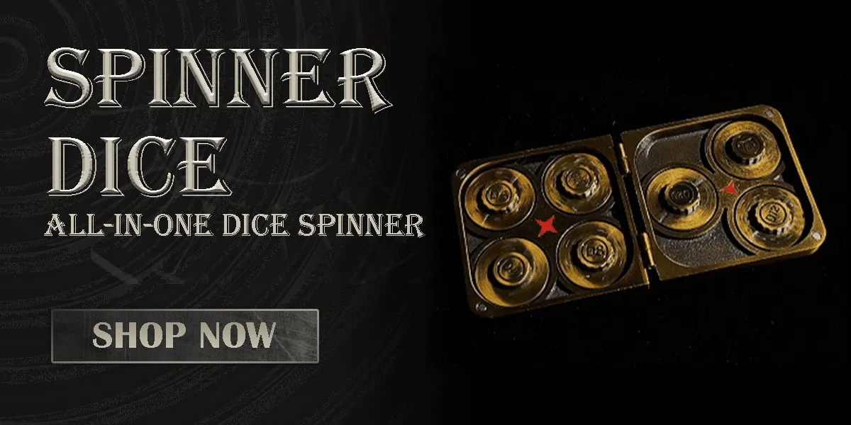 A multifunctional dice spinner and tray featuring a set of metal polyhedral dice (including D4, D6, D8, D10, D12, and D20), housed within a hinged, rotating metal case. Presented alongside a dark, fantasy-themed banner and a "Buy Now" button, this product is crafted specifically for TTRPG players.