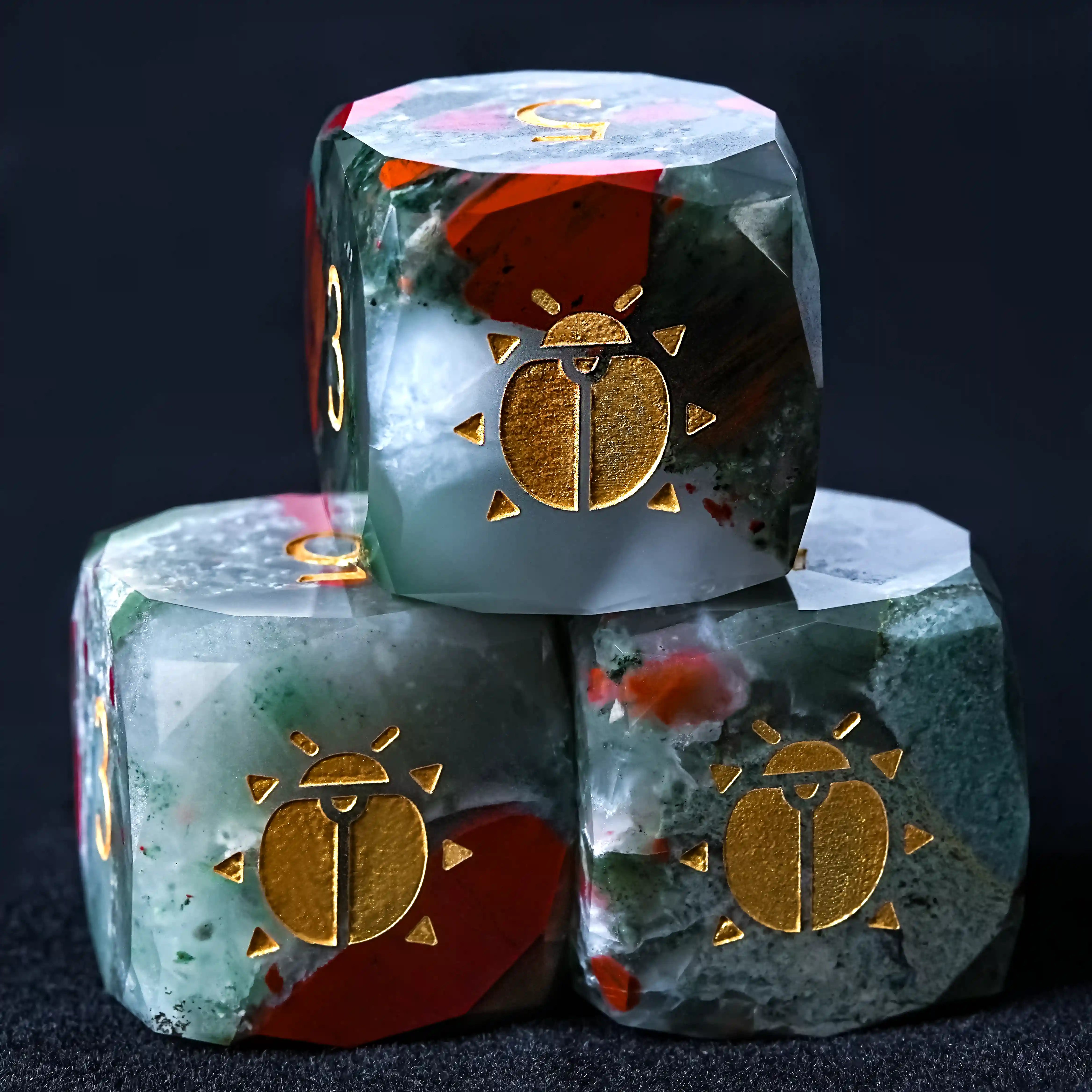 Natural Bloodstone DND Gemstone Dice, 3 Polyhedral D6 Dice with Gold Font