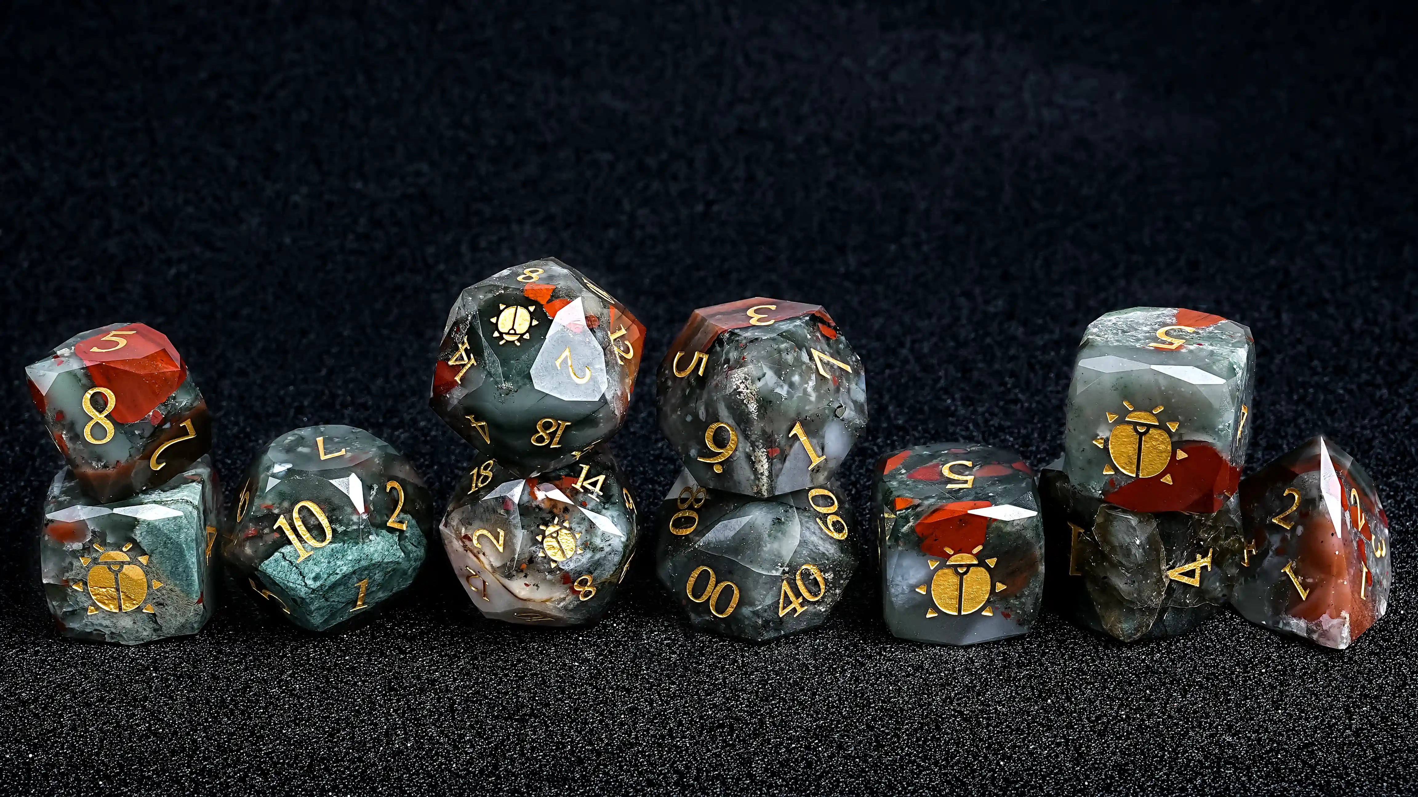 Natural Bloodstone DND Gemstone Dice, 11 - Piece Polyhedral Dice Set with Gold Font 