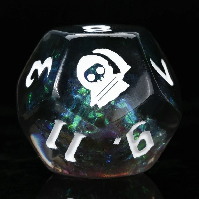 Kickstarter Trickster Dice - Kickstarter Black Resin DND D12 Dice with Gravestone Engraving, White Numbers | Bear Dice