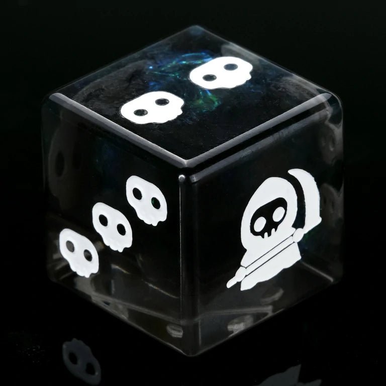 Kickstarter Halloween Trickster Dice - Black Resin DND D6 Dice with Death Design, Gold Foil, and Skulls Representing the Numbers | Bear Dice