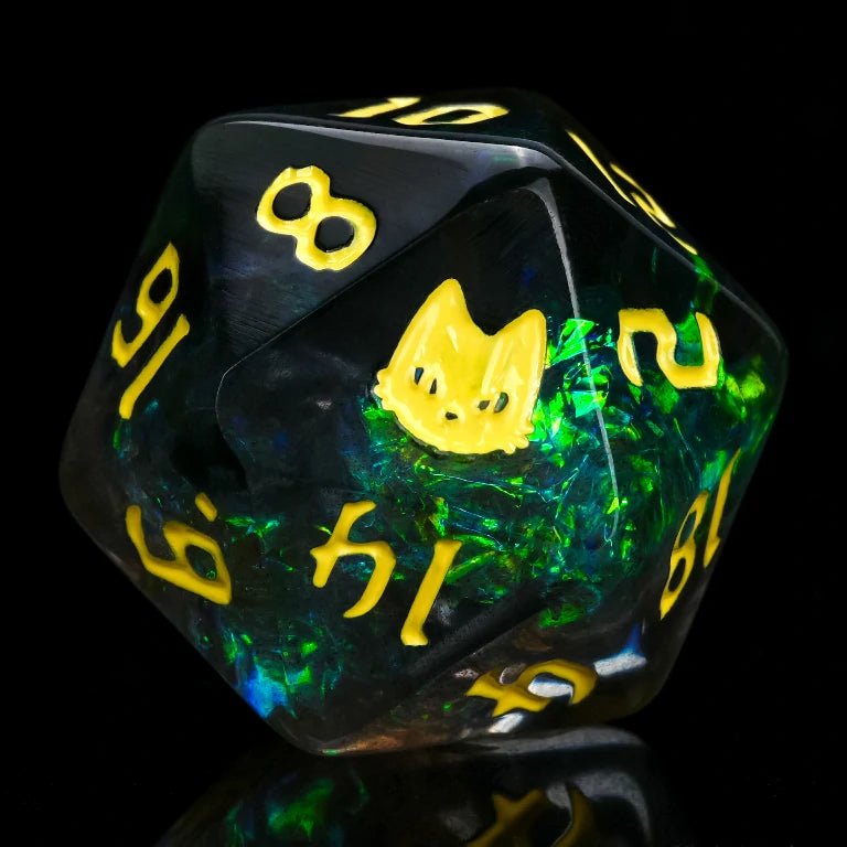 Kickstarter Halloween Trickster Dice - Black Resin DND D20 Dice, engraved with Mysterious Cat design, contains blue-green gold foil, yellow numbers | Bear Dice