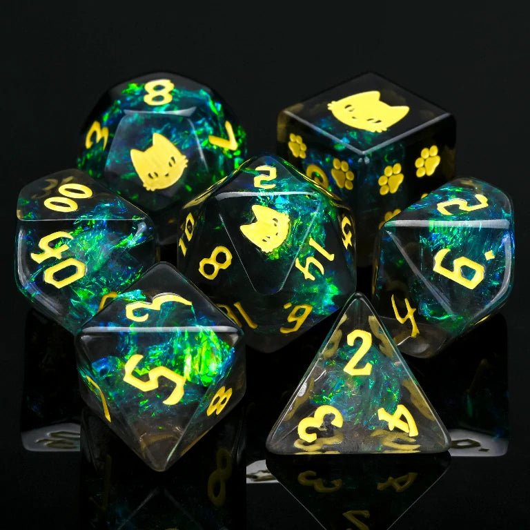 Kickstarter Halloween Trickster Dice - Kickstarter Black Resin DND Dice Set with Mysterious Cat Design, Yellow Numbers | Bear Dice