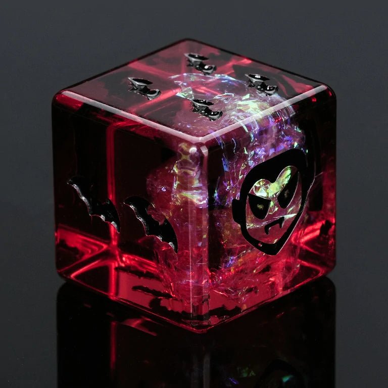 Kickstarter Halloween Trickster Dice - Black and Red Resin DND D6 Dice, engraved with a vampire design, contains gold leaf, and uses bats to represent the dots | Bear Dice