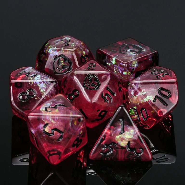 Kickstarter Halloween Trickster Dice - Kickstarter Black and red resin DND dice set, engraved with vampire design, black numbers | Bear Dice